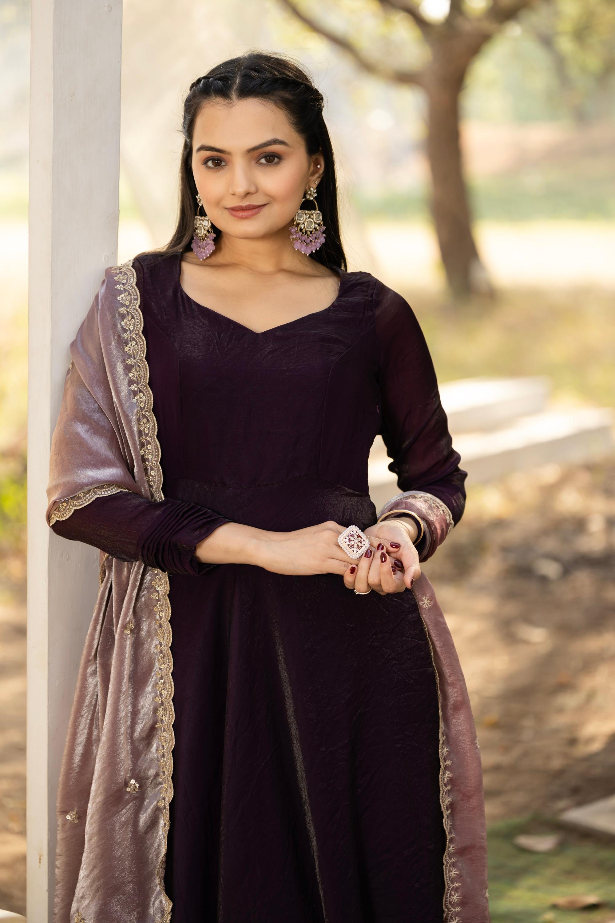 Tasarika Women Wine Full Sleeve Georgette Ankle Ethnic Dress 2078_Wine_3XL