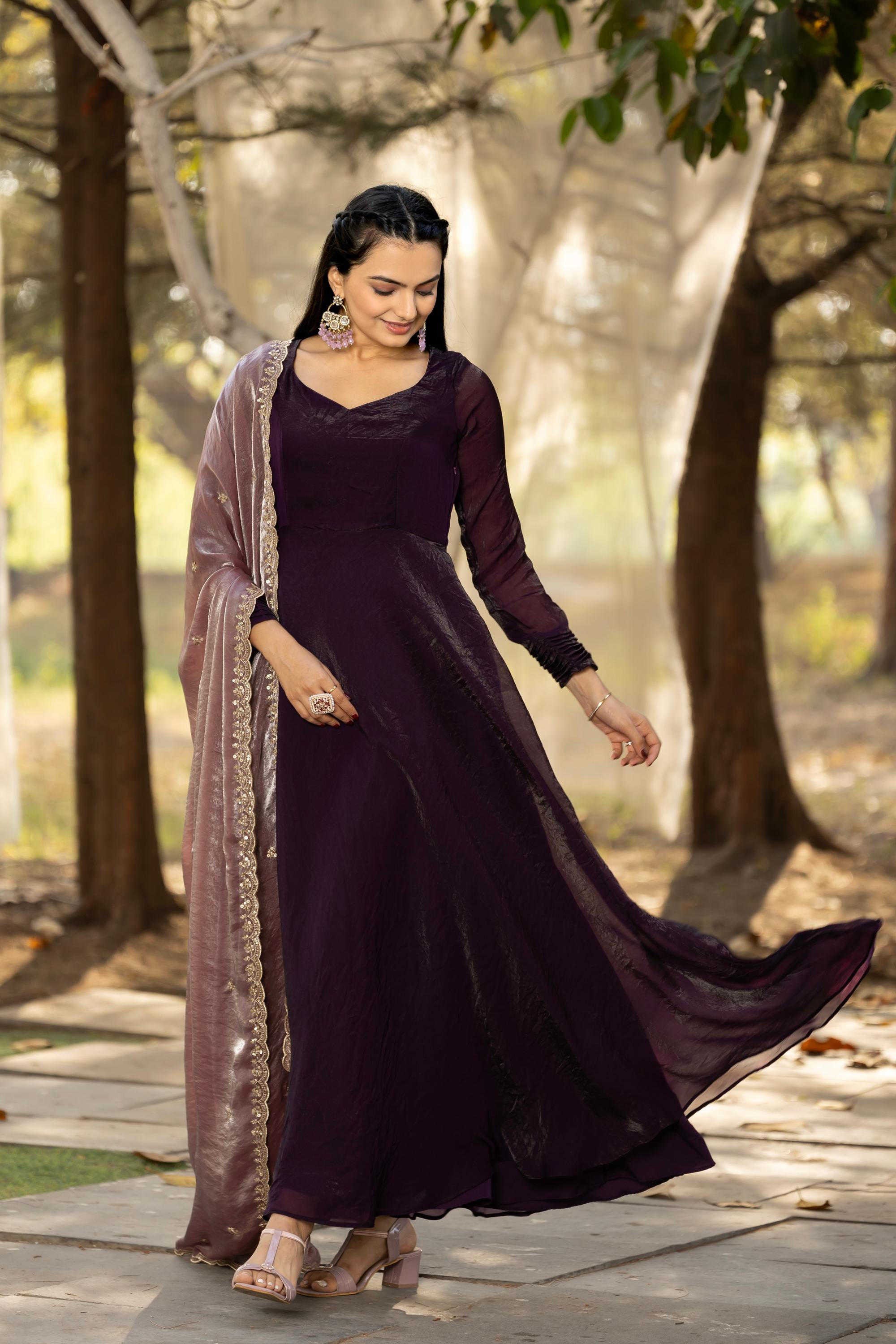 Tasarika Women Wine Full Sleeve Georgette Ankle Ethnic Dress 2078_Wine_3XL