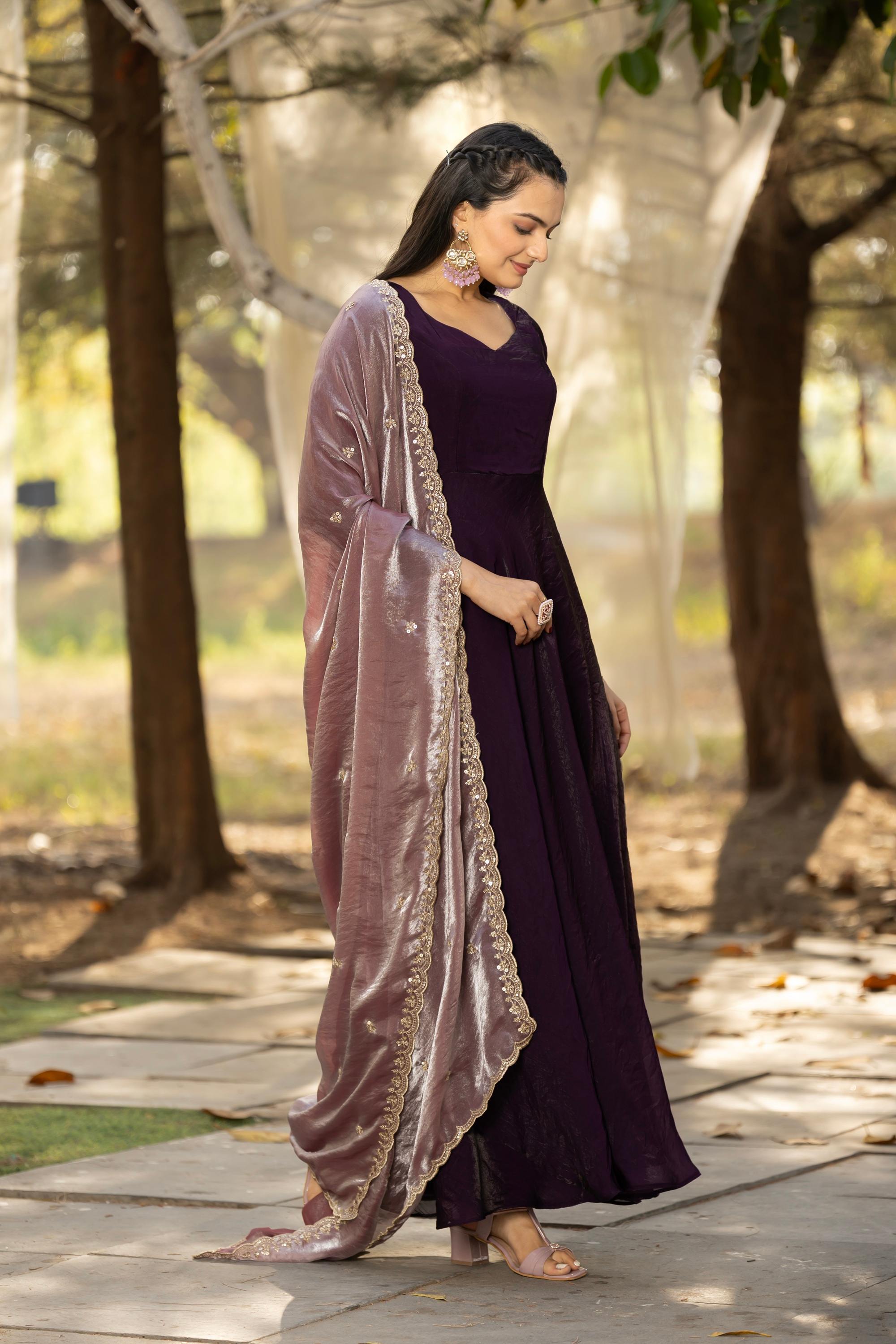 Tasarika Women Wine Full Sleeve Georgette Ankle Ethnic Dress 2078_Wine_3XL