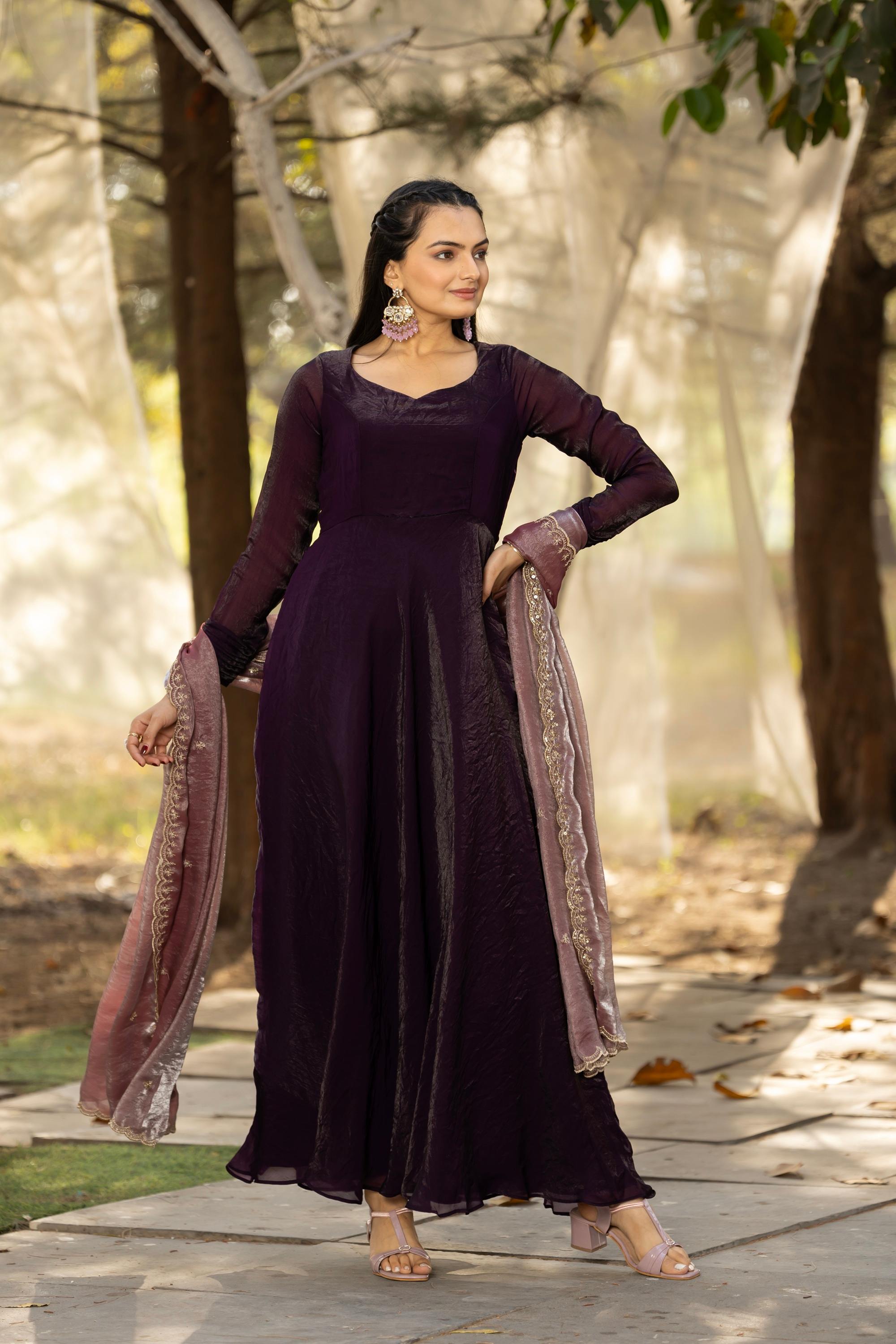 Tasarika Women Wine Full Sleeve Georgette Ankle Ethnic Dress 2078_Wine_3XL