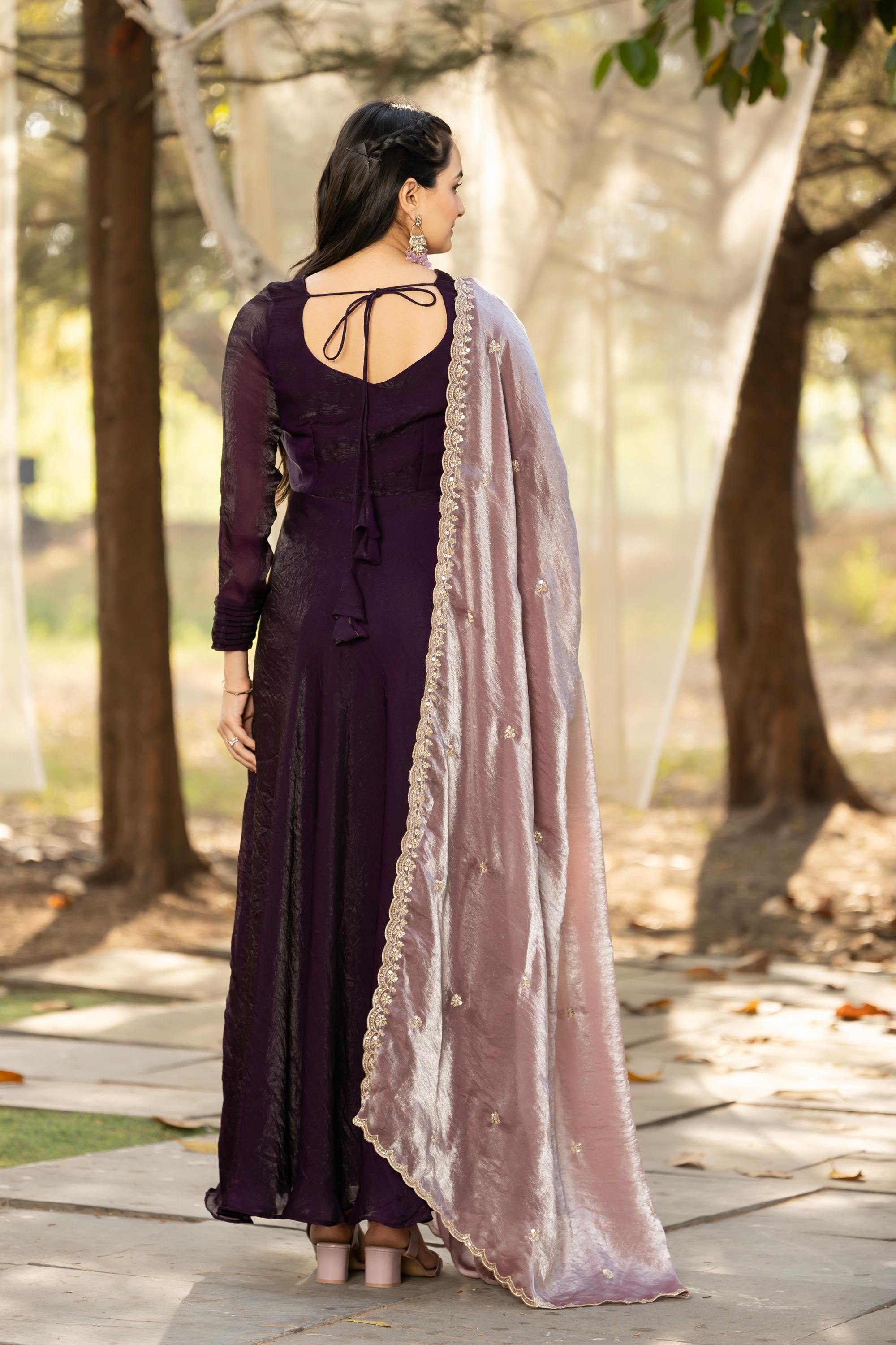 Tasarika Women Wine Full Sleeve Georgette Ankle Ethnic Dress 2078_Wine_3XL