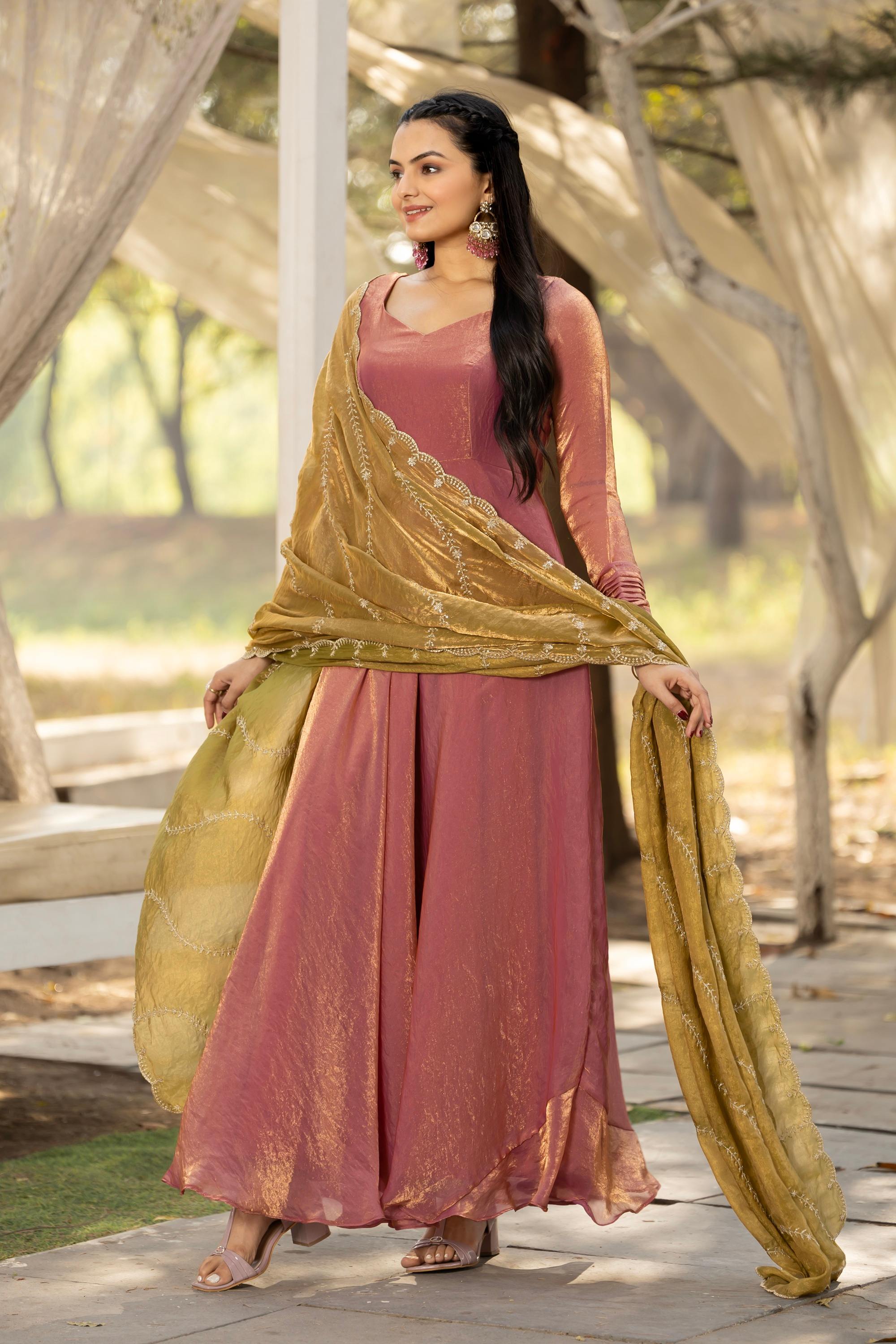 Tasarika Women Pink Full Sleeve Georgette Ankle Ethnic Dress 2079_Pink_3XL