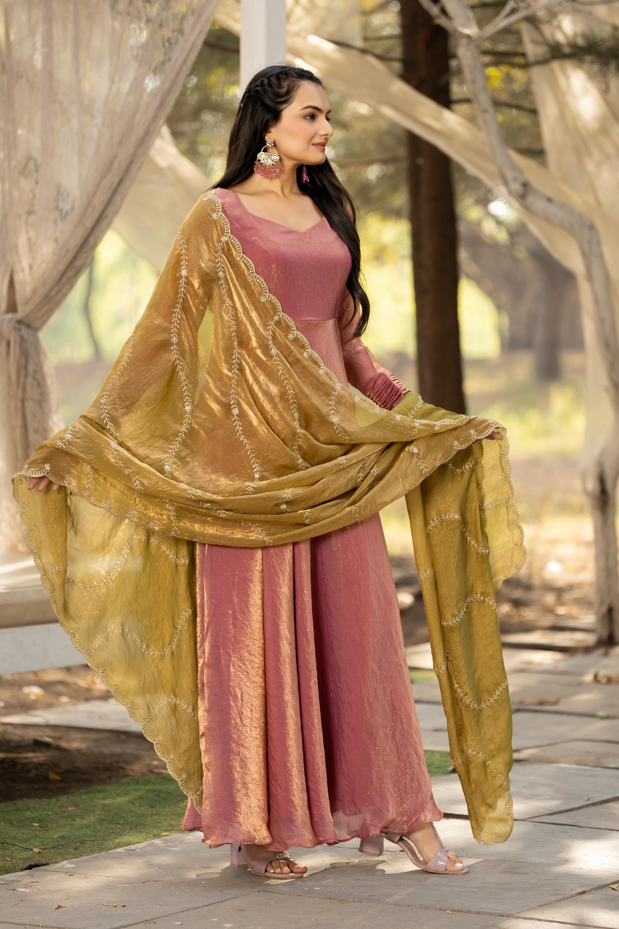 Tasarika Women Pink Full Sleeve Georgette Ankle Ethnic Dress 2079_Pink_3XL