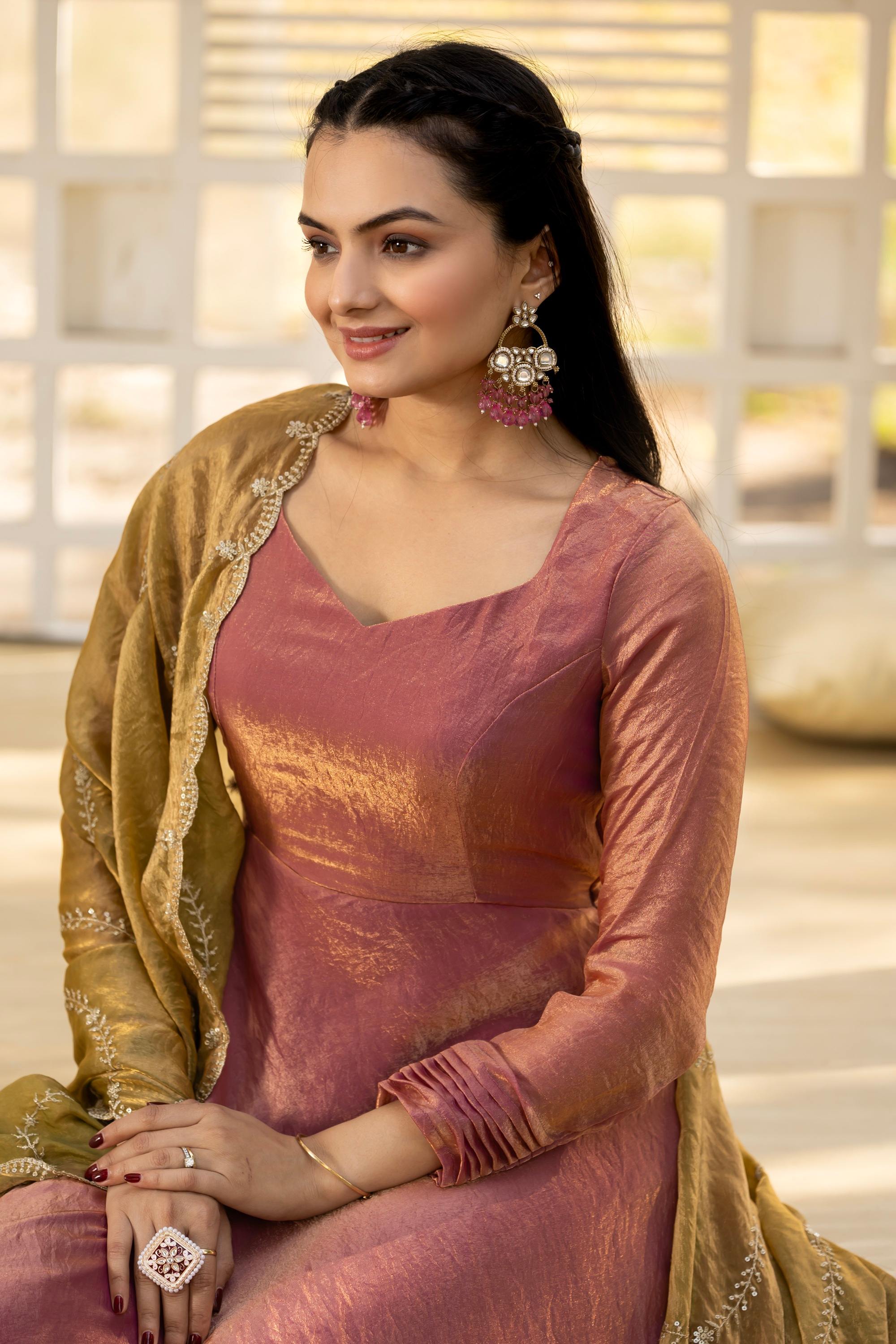 Tasarika Women Pink Full Sleeve Georgette Ankle Ethnic Dress 2079_Pink_3XL
