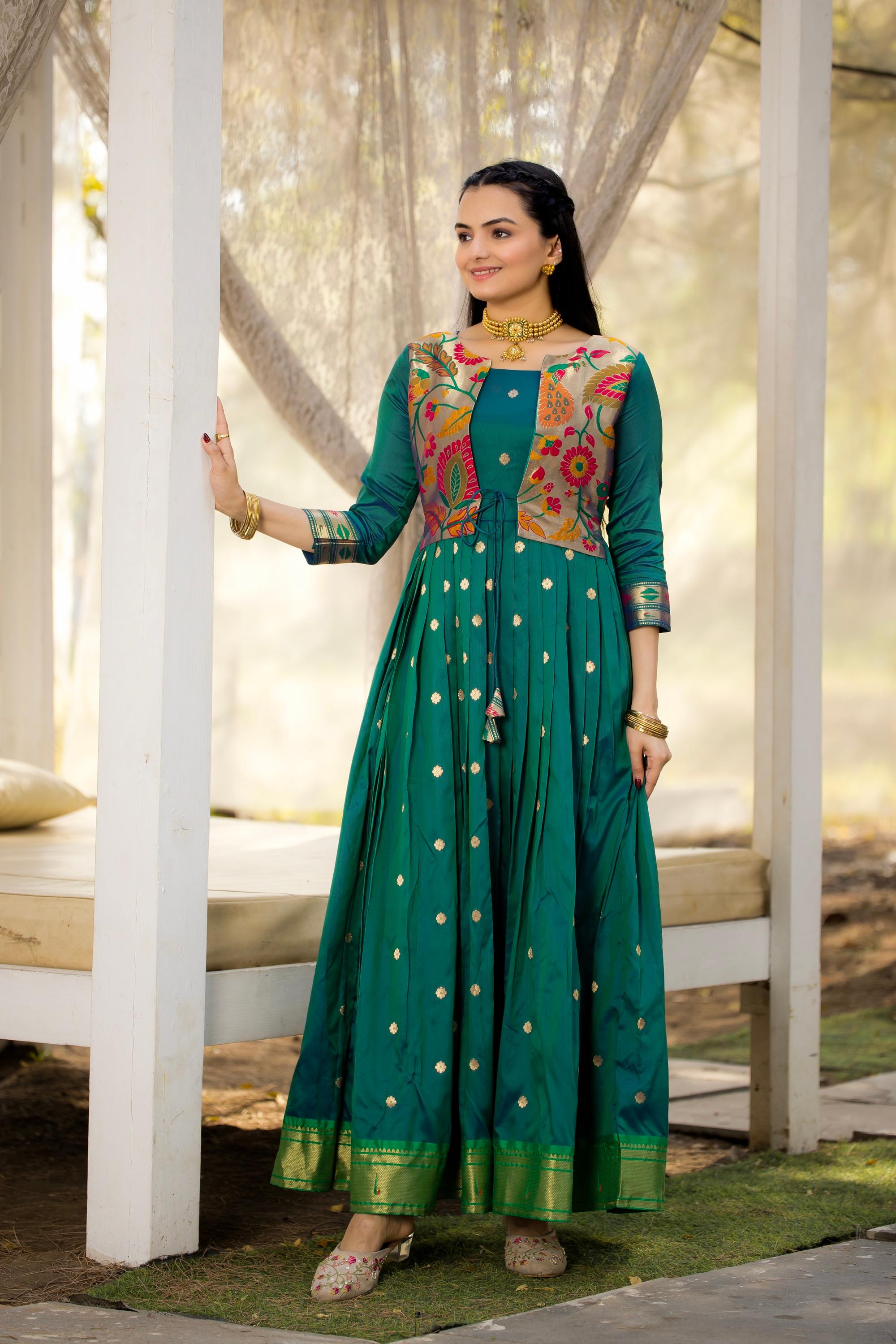 Tasarika Women Green 3/4 Sleeve Silk Ankle Ethnic Dress 2080_Green_3XL