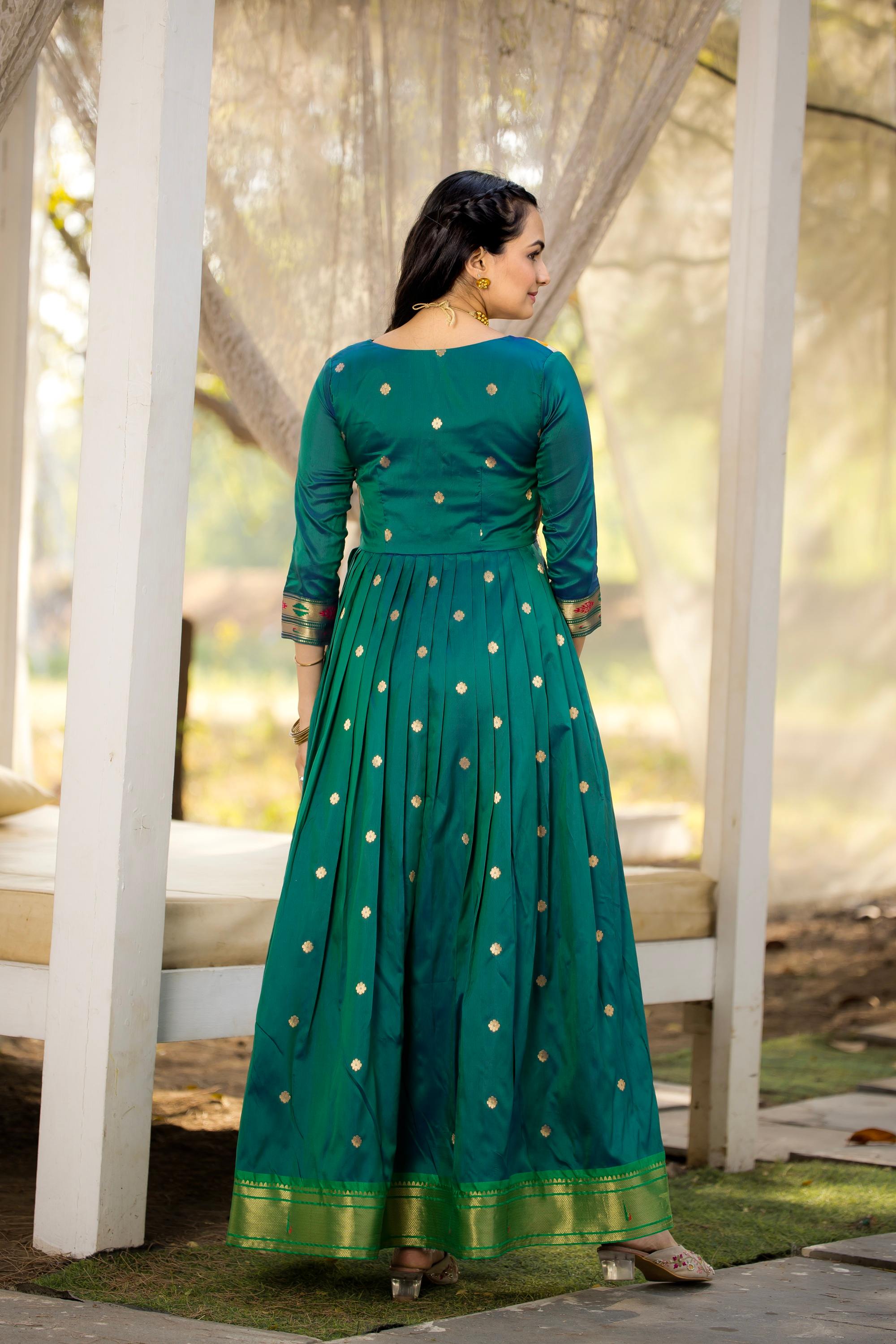 Tasarika Women Green 3/4 Sleeve Silk Ankle Ethnic Dress 2080_Green_3XL