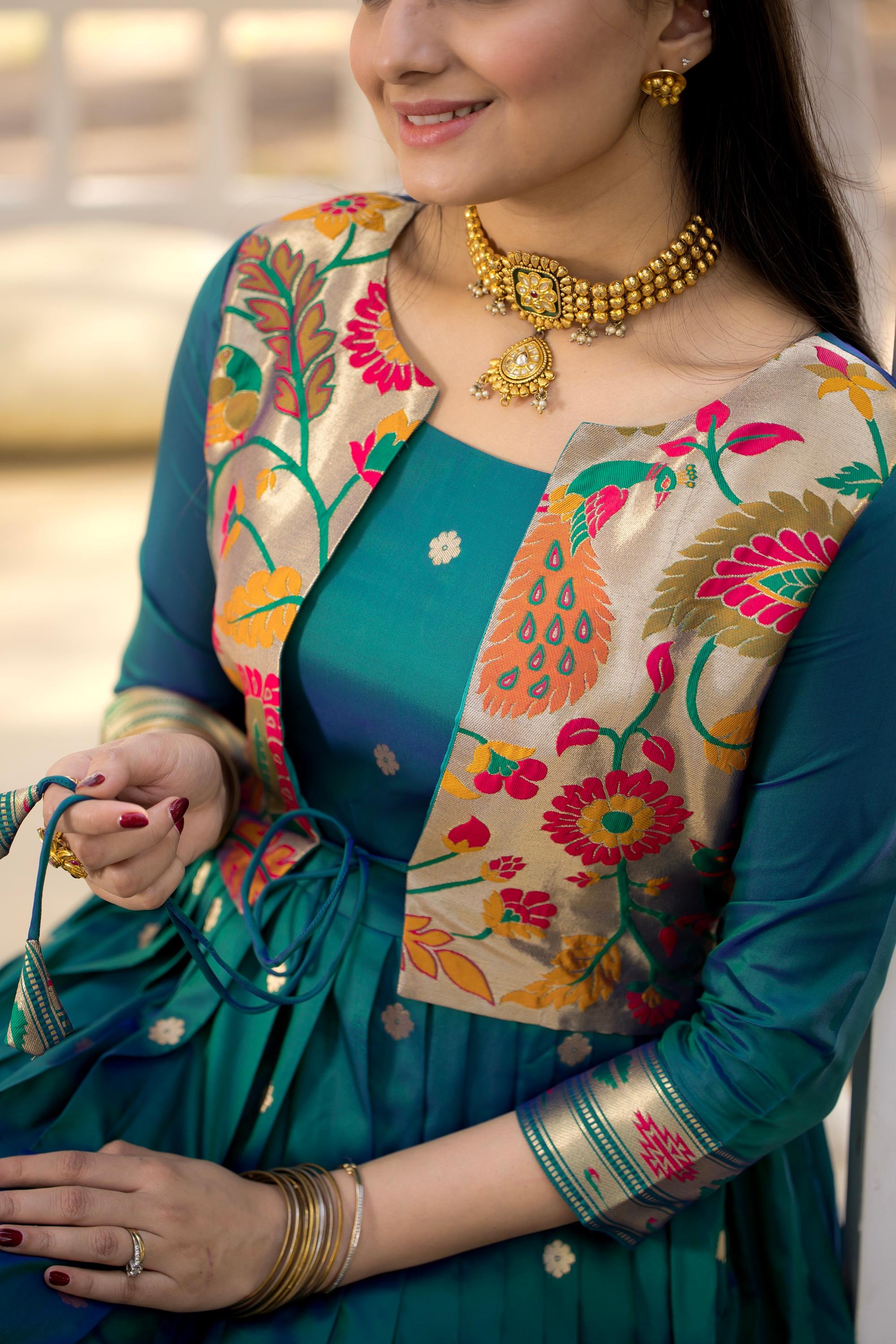 Tasarika Women Green 3/4 Sleeve Silk Ankle Ethnic Dress 2080_Green_3XL