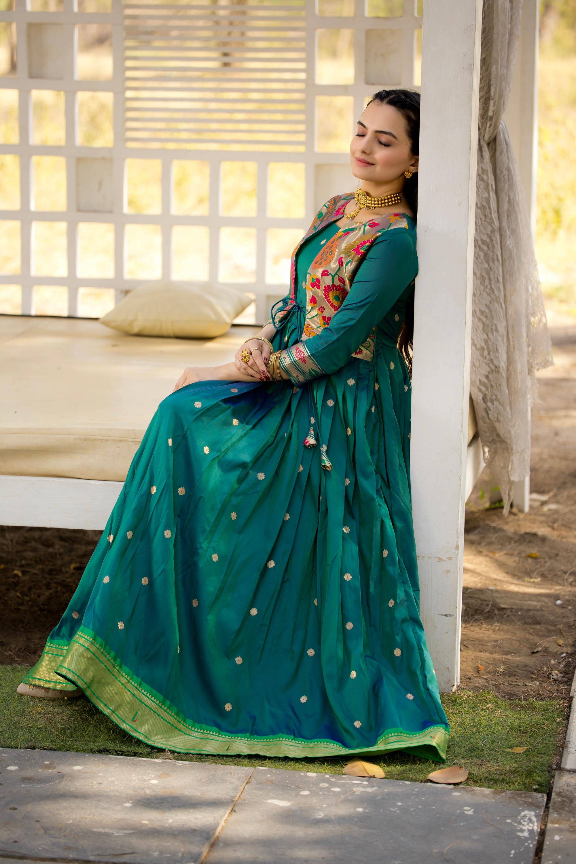 Tasarika Women Green 3/4 Sleeve Silk Ankle Ethnic Dress 2080_Green_3XL