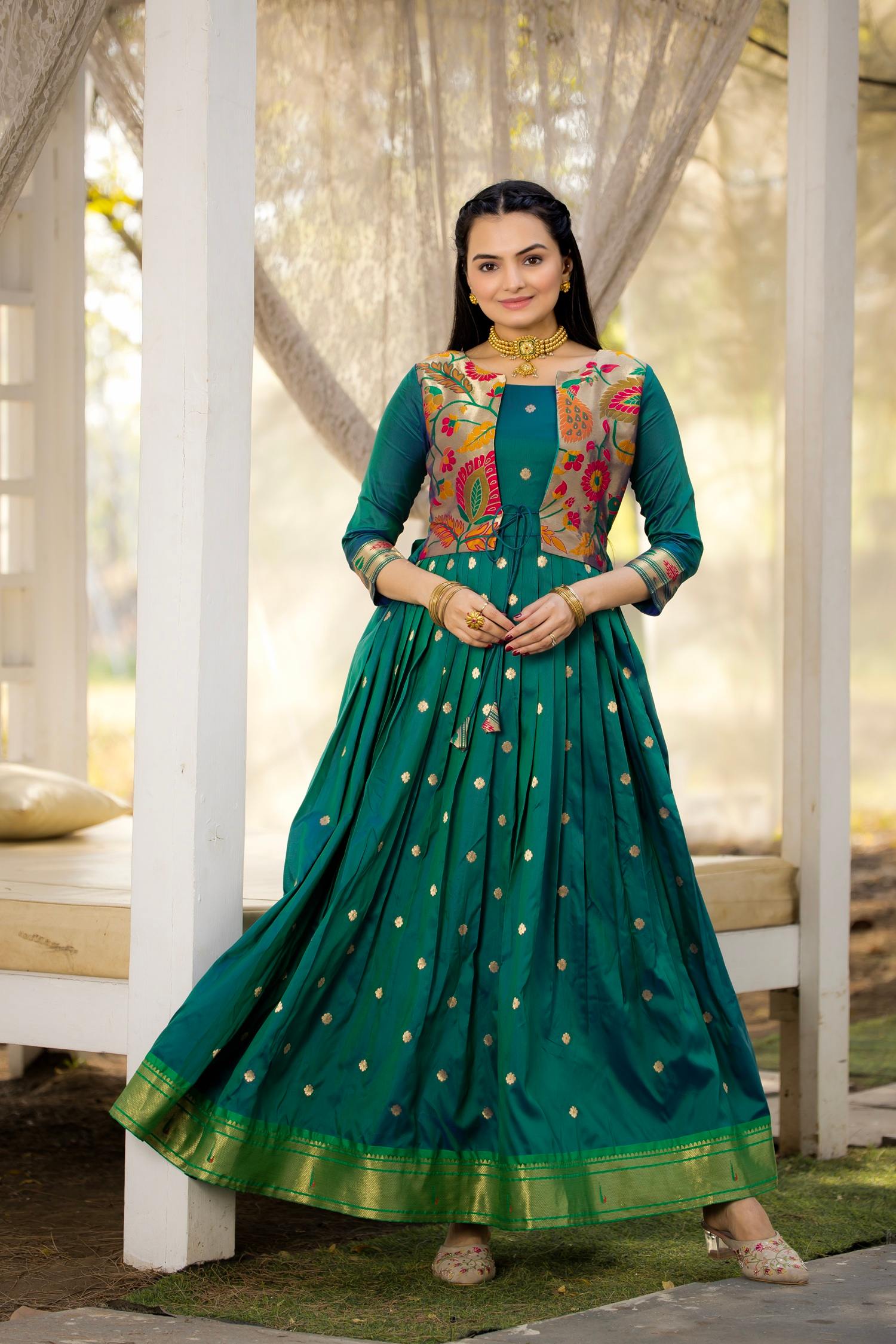 Tasarika Women Green 3/4 Sleeve Silk Ankle Ethnic Dress 2080_Green_3XL