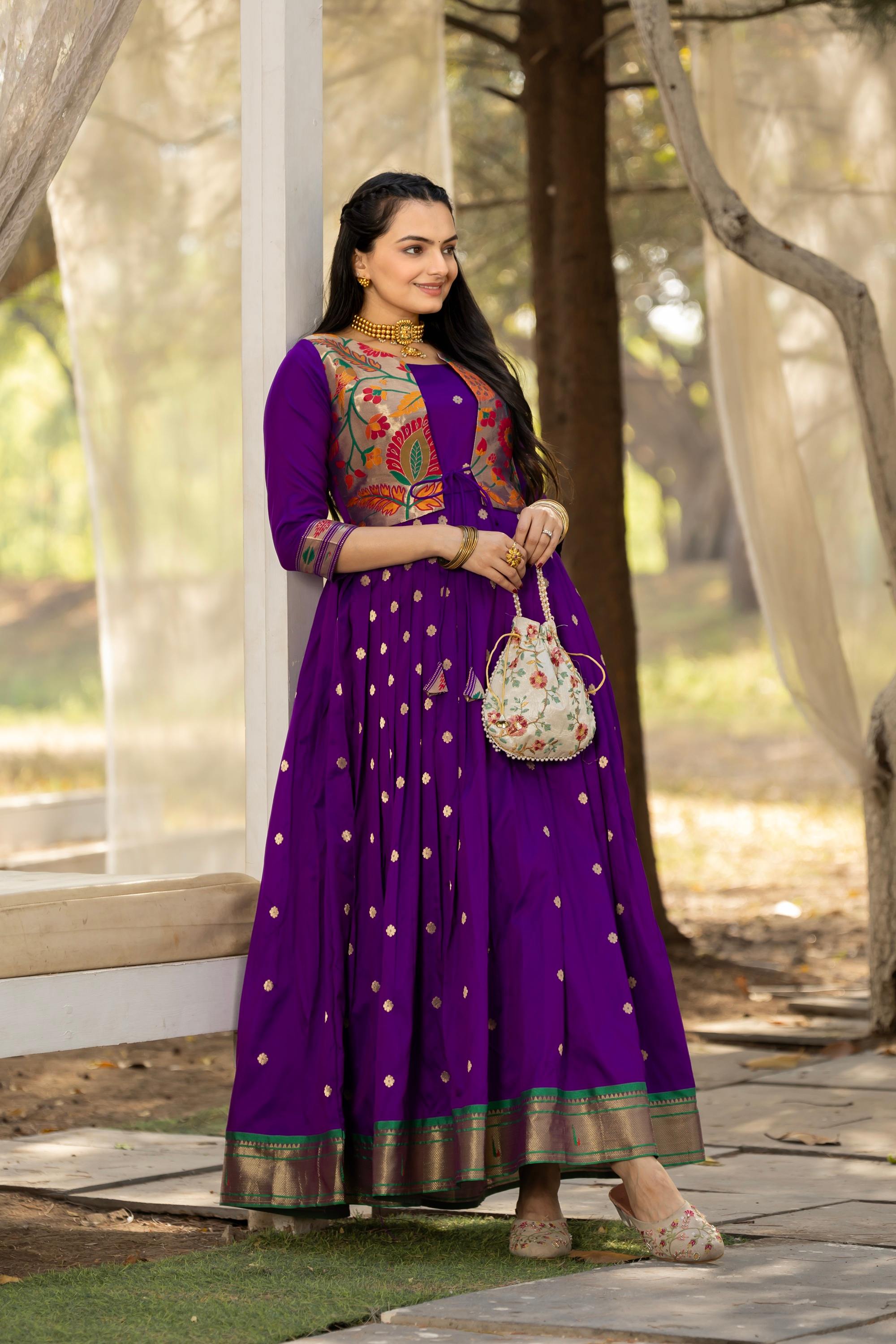 Tasarika Women Purple 3/4 Sleeve Silk Ankle Ethnic Dress 2081_Purple_3XL