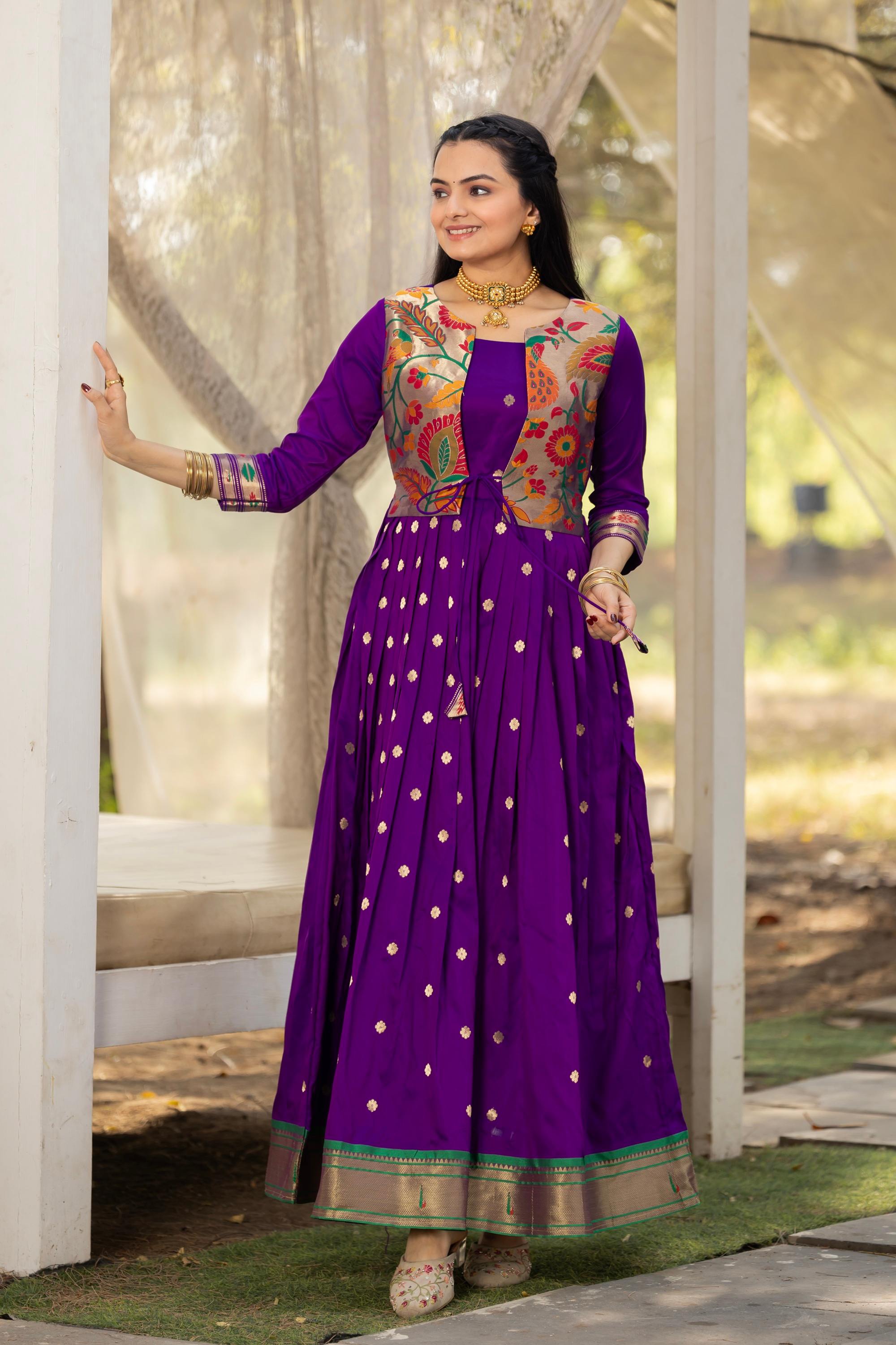 Tasarika Women Purple 3/4 Sleeve Silk Ankle Ethnic Dress 2081_Purple_3XL