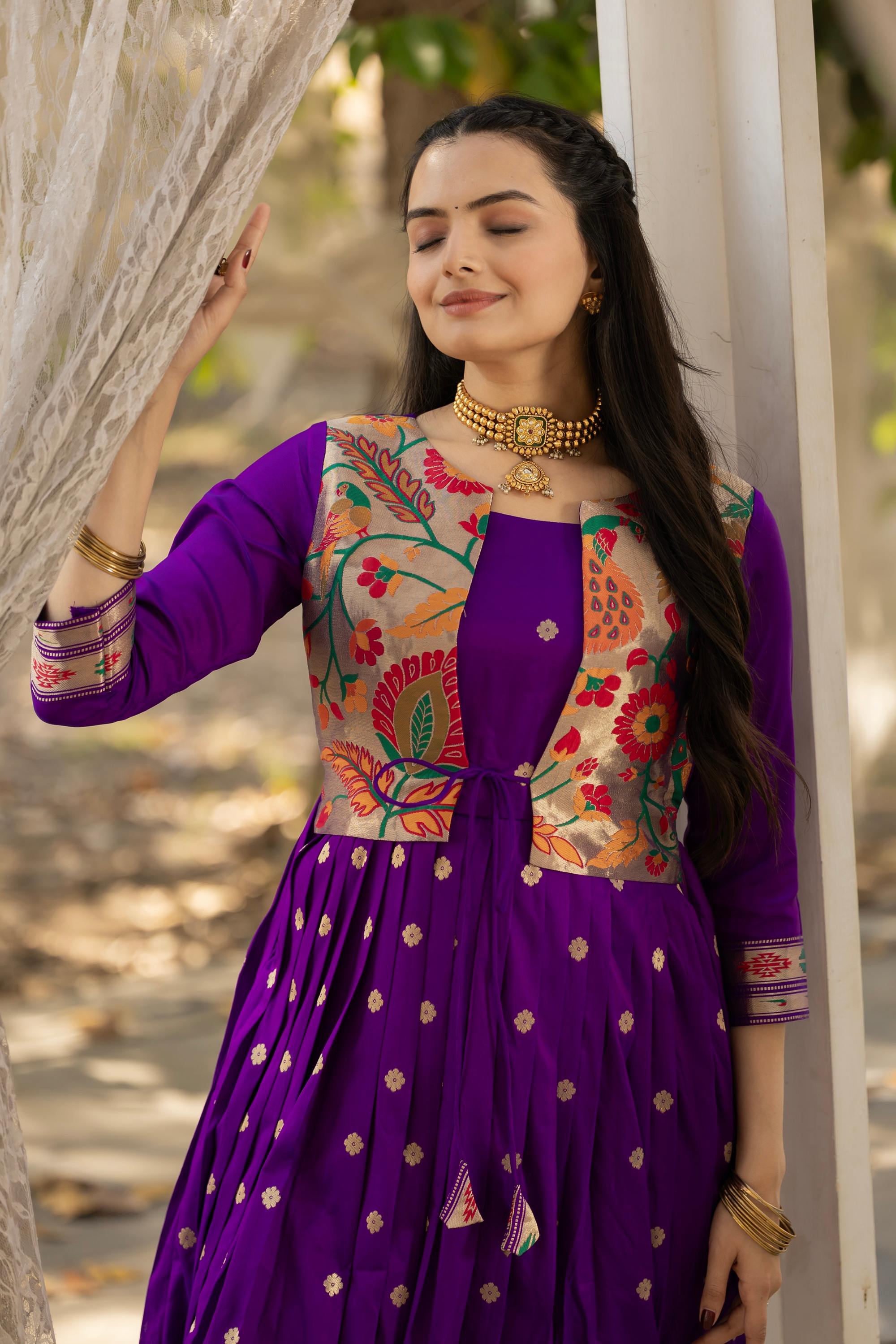 Tasarika Women Purple 3/4 Sleeve Silk Ankle Ethnic Dress 2081_Purple_3XL