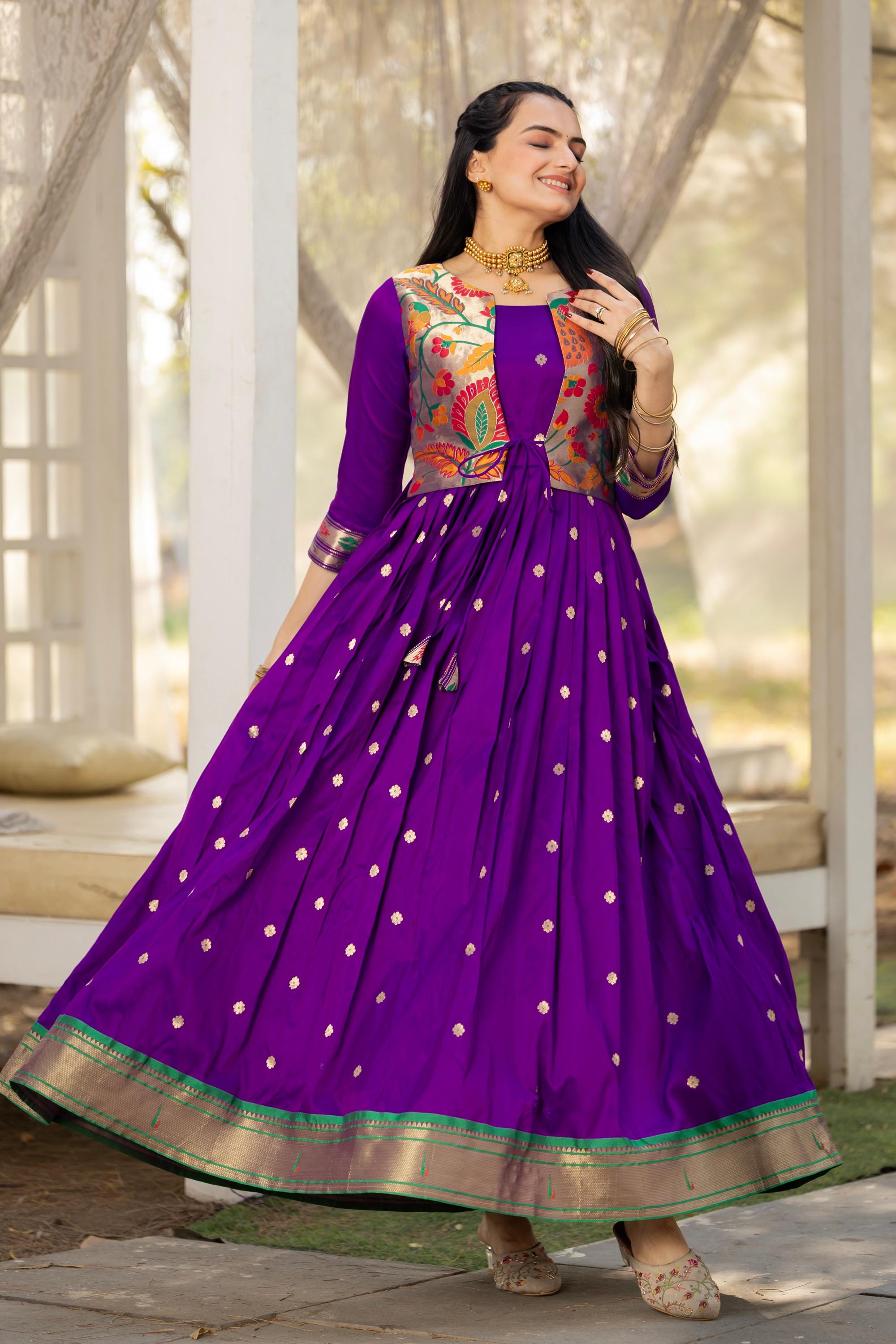 Tasarika Women Purple 3/4 Sleeve Silk Ankle Ethnic Dress 2081_Purple_3XL