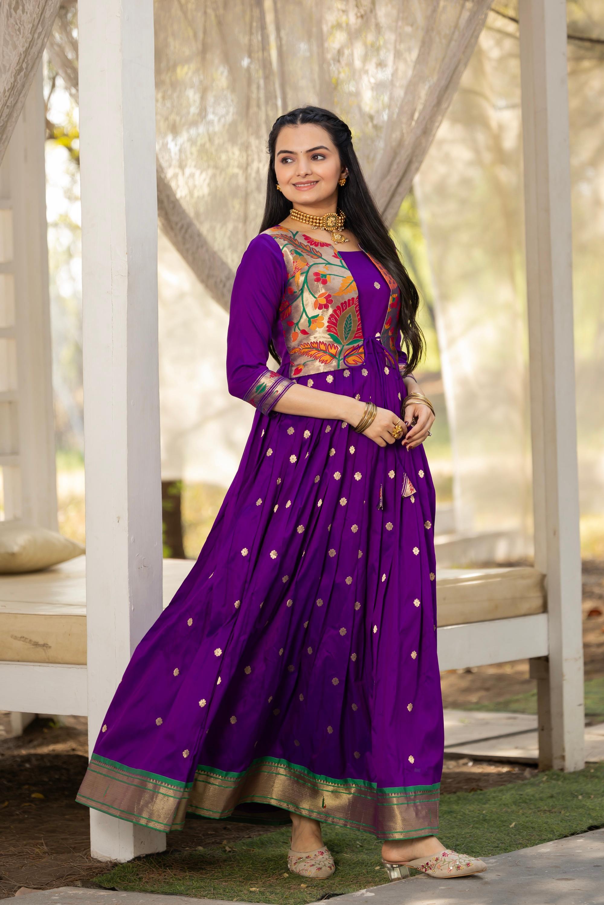 Tasarika Women Purple 3/4 Sleeve Silk Ankle Ethnic Dress 2081_Purple_3XL