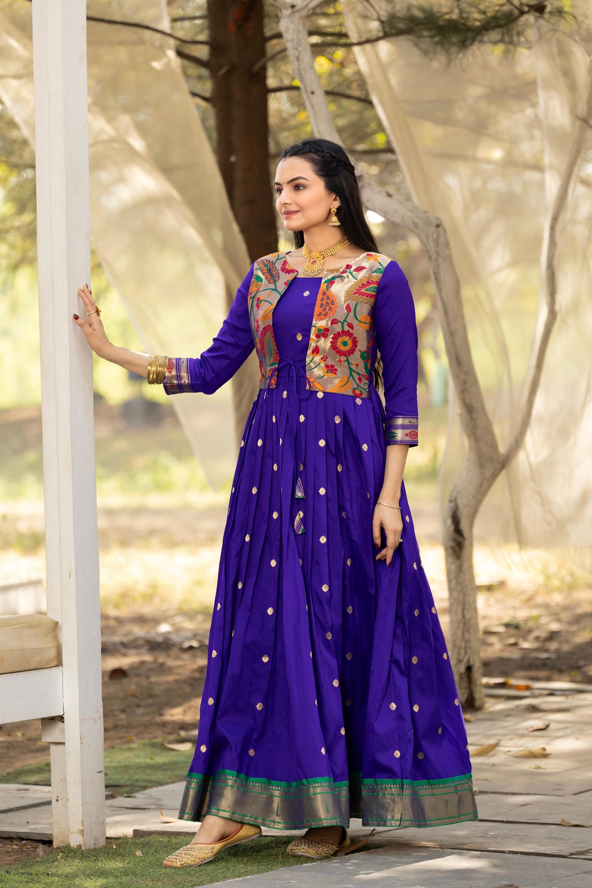 Tasarika Women Violet 3/4 Sleeve Silk Ankle Ethnic Dress 2082_Violet_3XL