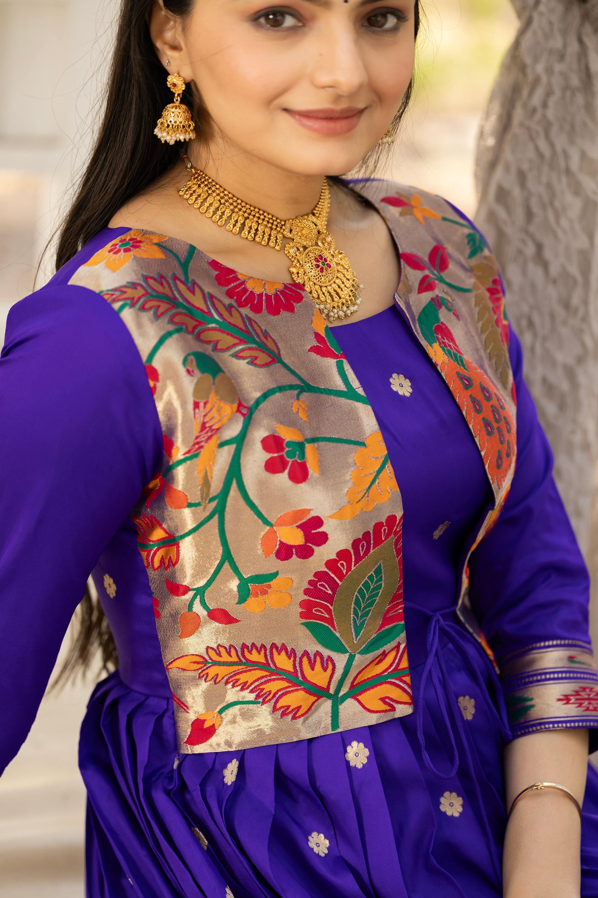 Tasarika Women Violet 3/4 Sleeve Silk Ankle Ethnic Dress 2082_Violet_3XL