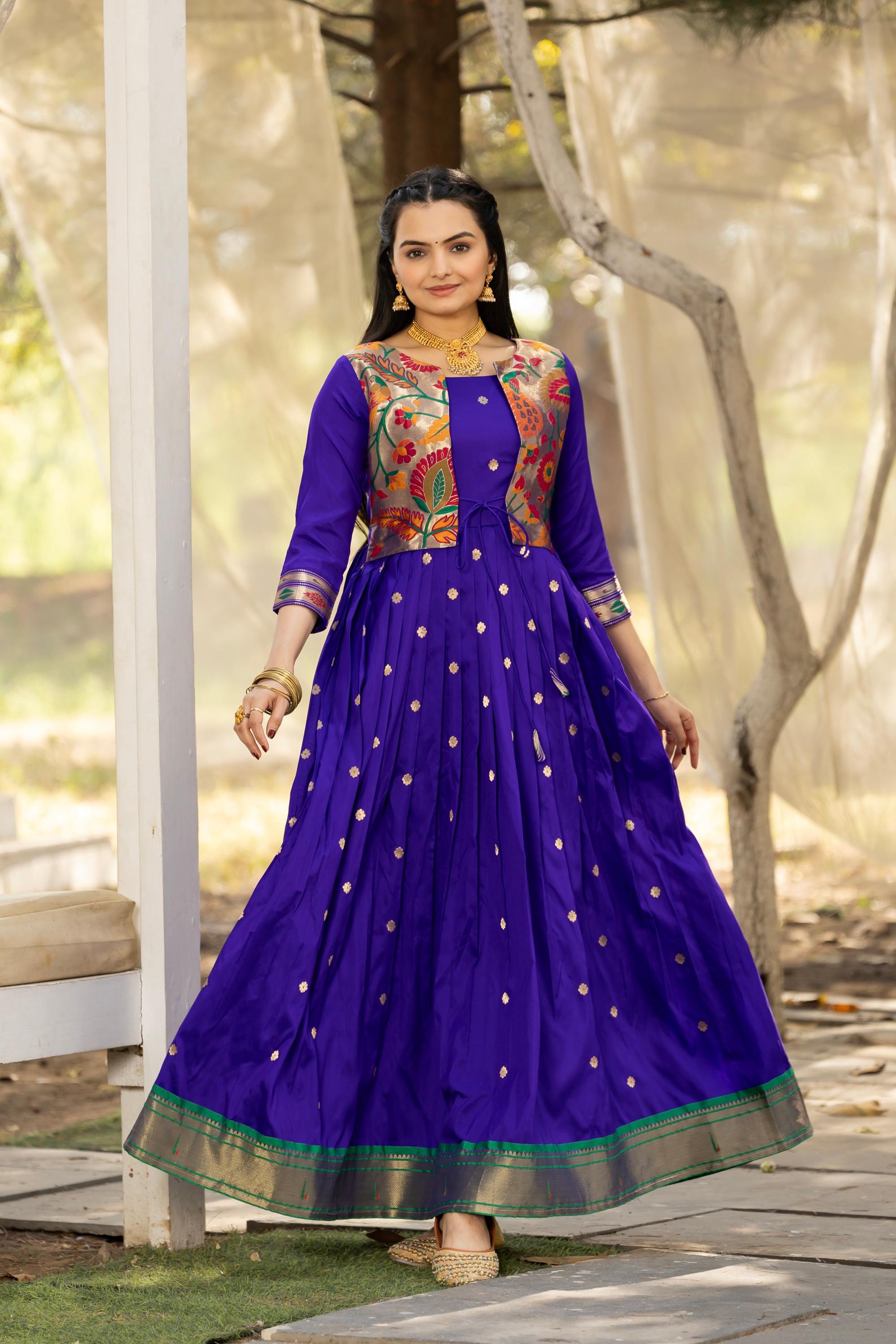Tasarika Women Violet 3/4 Sleeve Silk Ankle Ethnic Dress 2082_Violet_3XL
