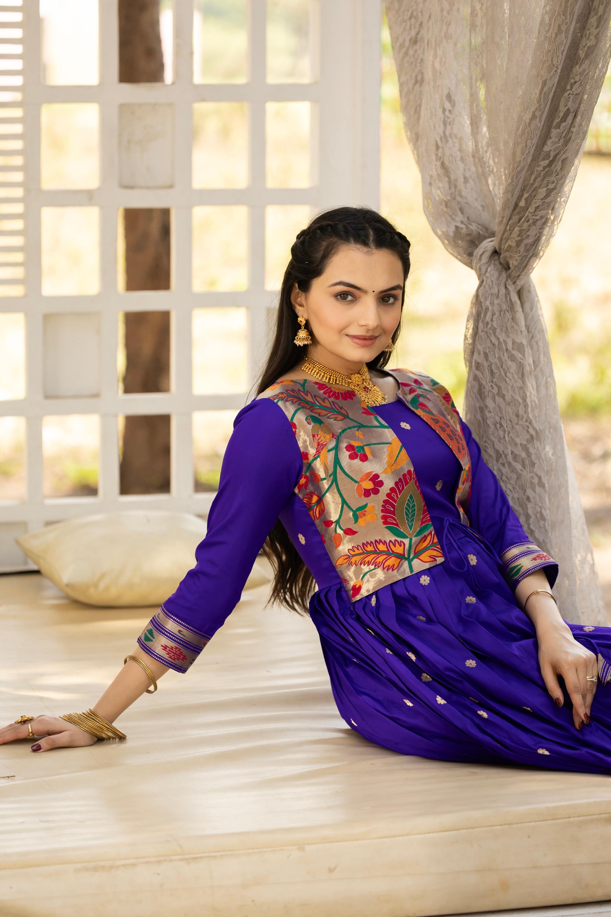 Tasarika Women Violet 3/4 Sleeve Silk Ankle Ethnic Dress 2082_Violet_3XL