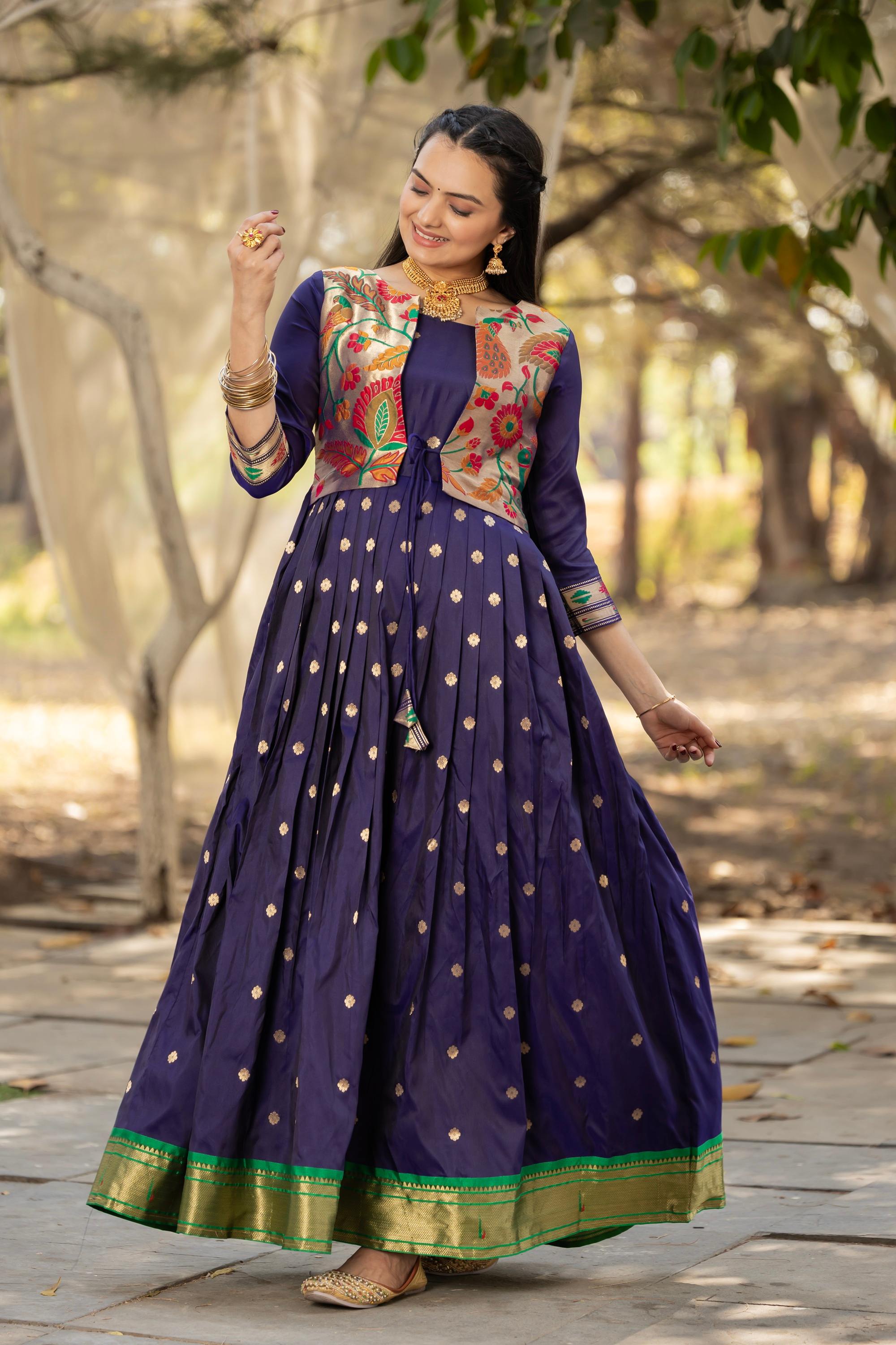 Tasarika Women NavyBlue 3/4 Sleeve Silk Ankle Ethnic Dress 2083_NavyBlue_3XL
