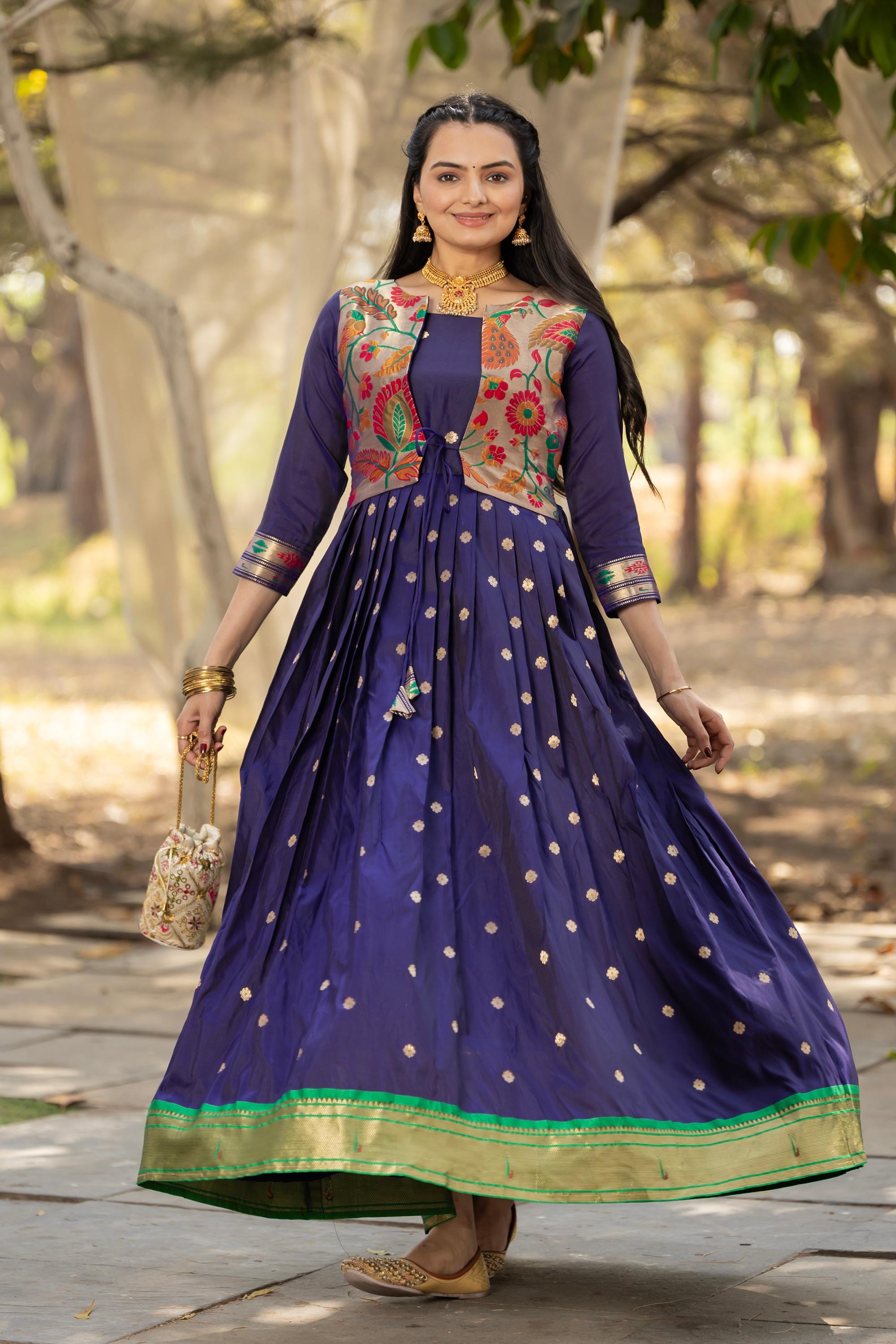 Tasarika Women NavyBlue 3/4 Sleeve Silk Ankle Ethnic Dress 2083_NavyBlue_3XL