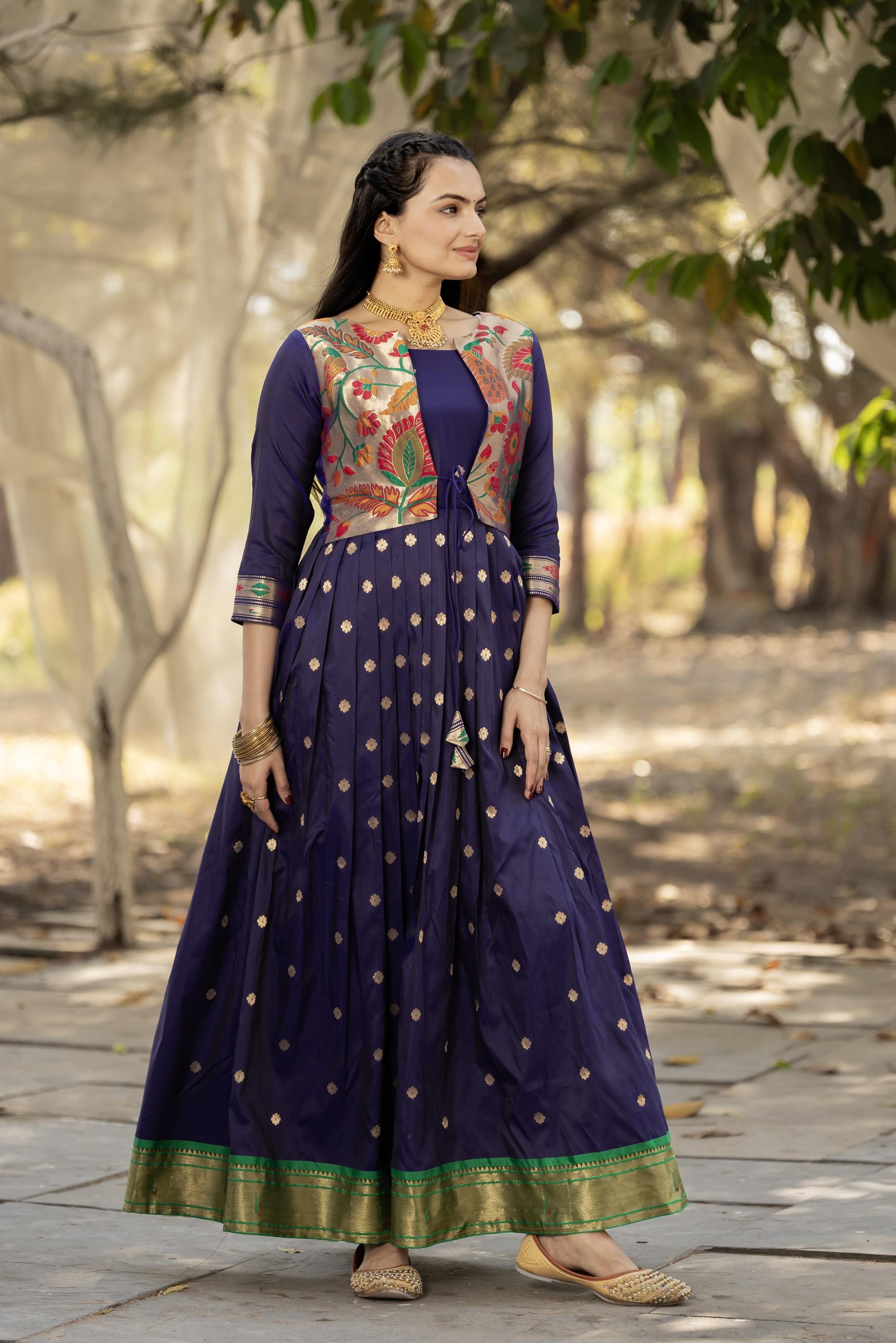 Tasarika Women NavyBlue 3/4 Sleeve Silk Ankle Ethnic Dress 2083_NavyBlue_3XL