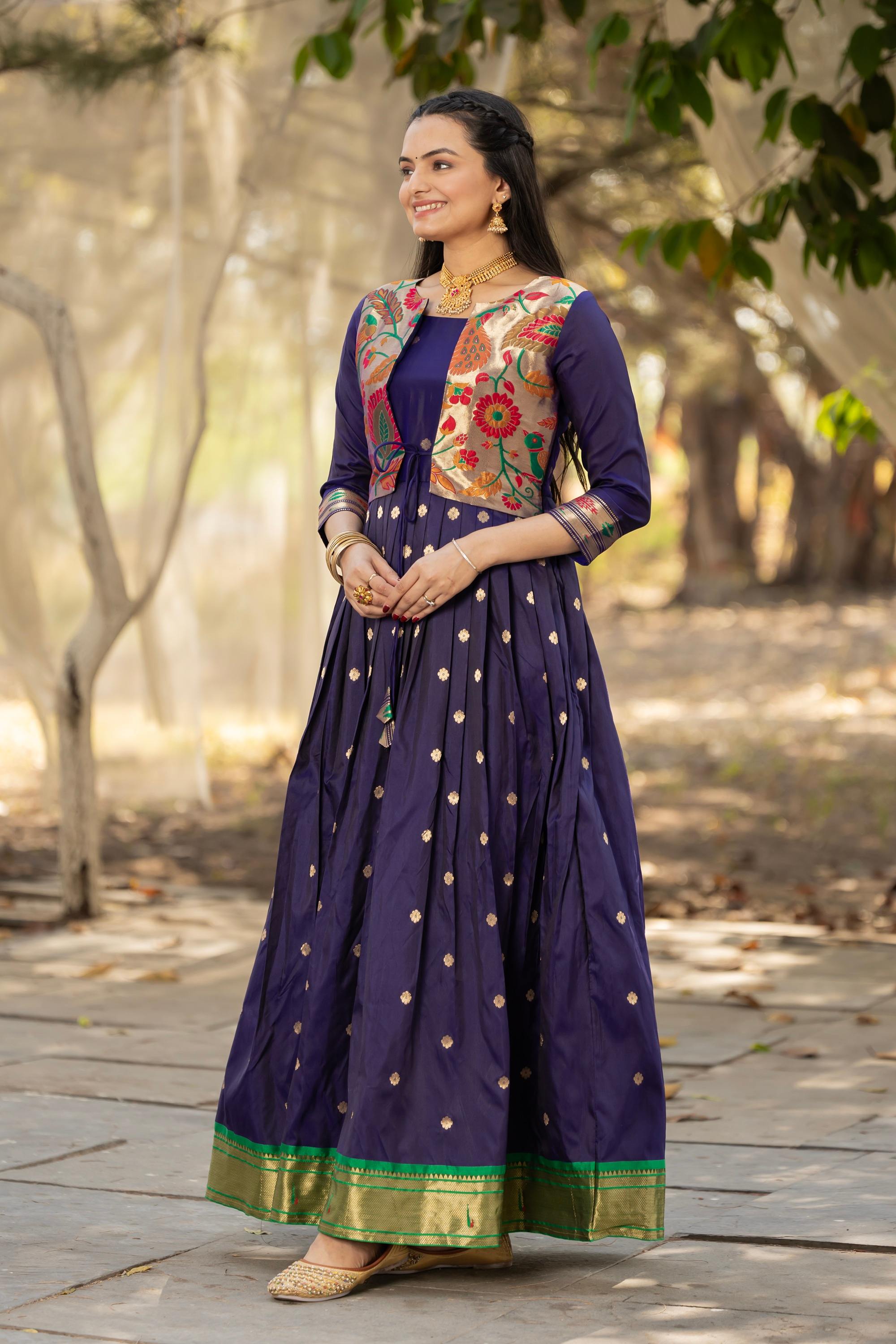 Tasarika Women NavyBlue 3/4 Sleeve Silk Ankle Ethnic Dress 2083_NavyBlue_3XL