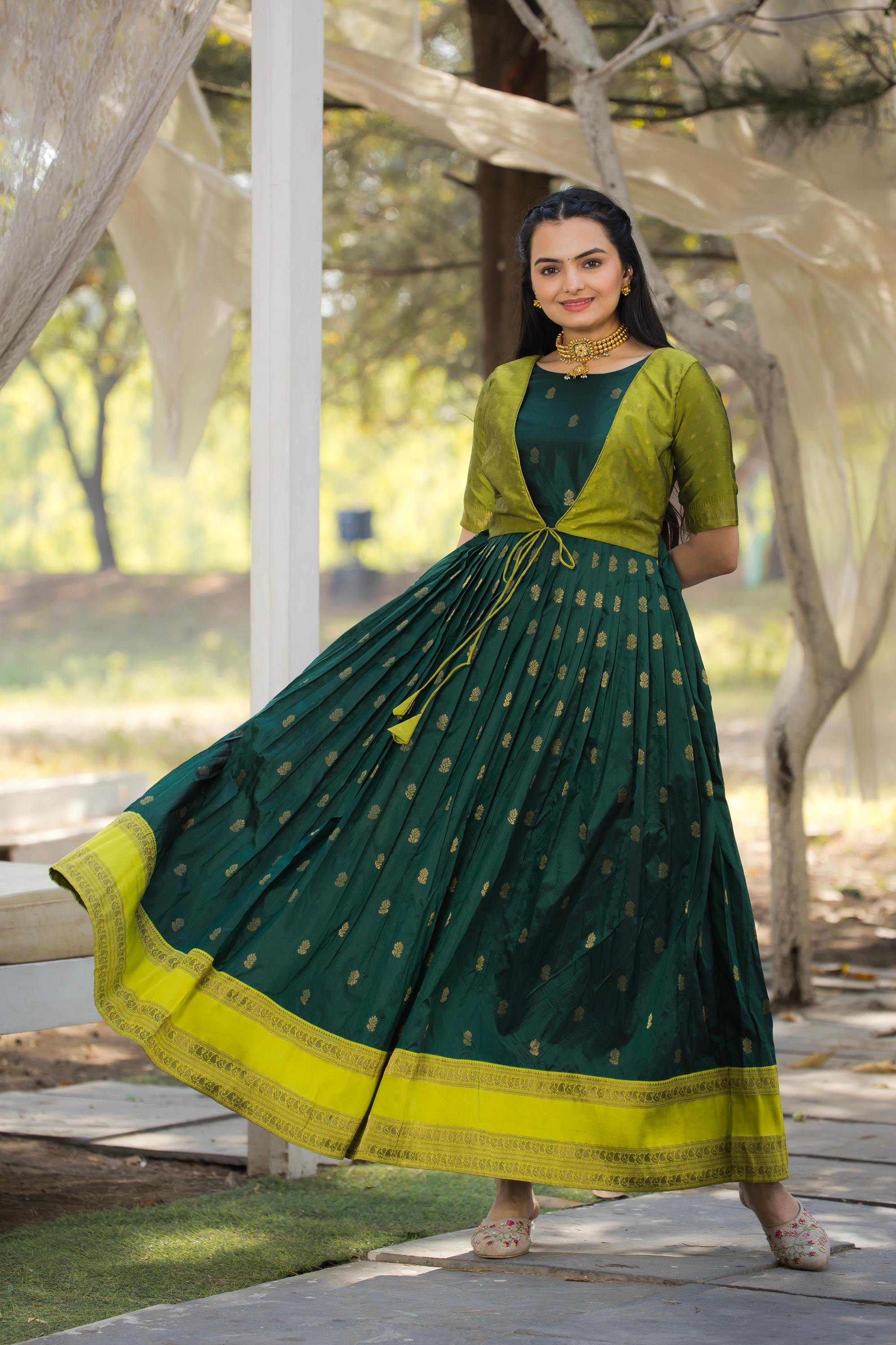 Tasarika Women DarkGreen 3/4 Sleeve Silk Ankle Ethnic Dress 2084_DarkGreen_3XL