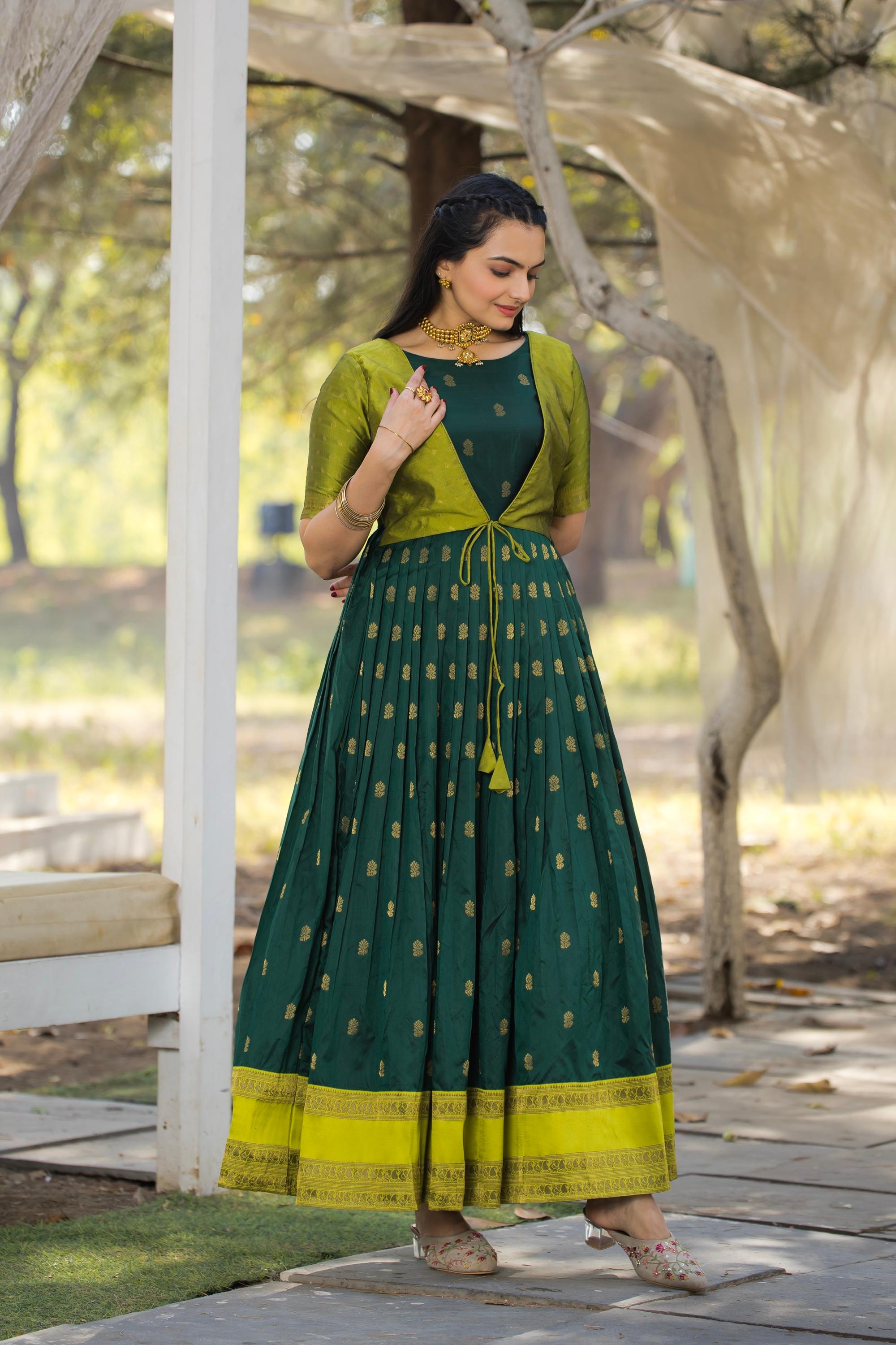 Tasarika Women DarkGreen 3/4 Sleeve Silk Ankle Ethnic Dress 2084_DarkGreen_3XL