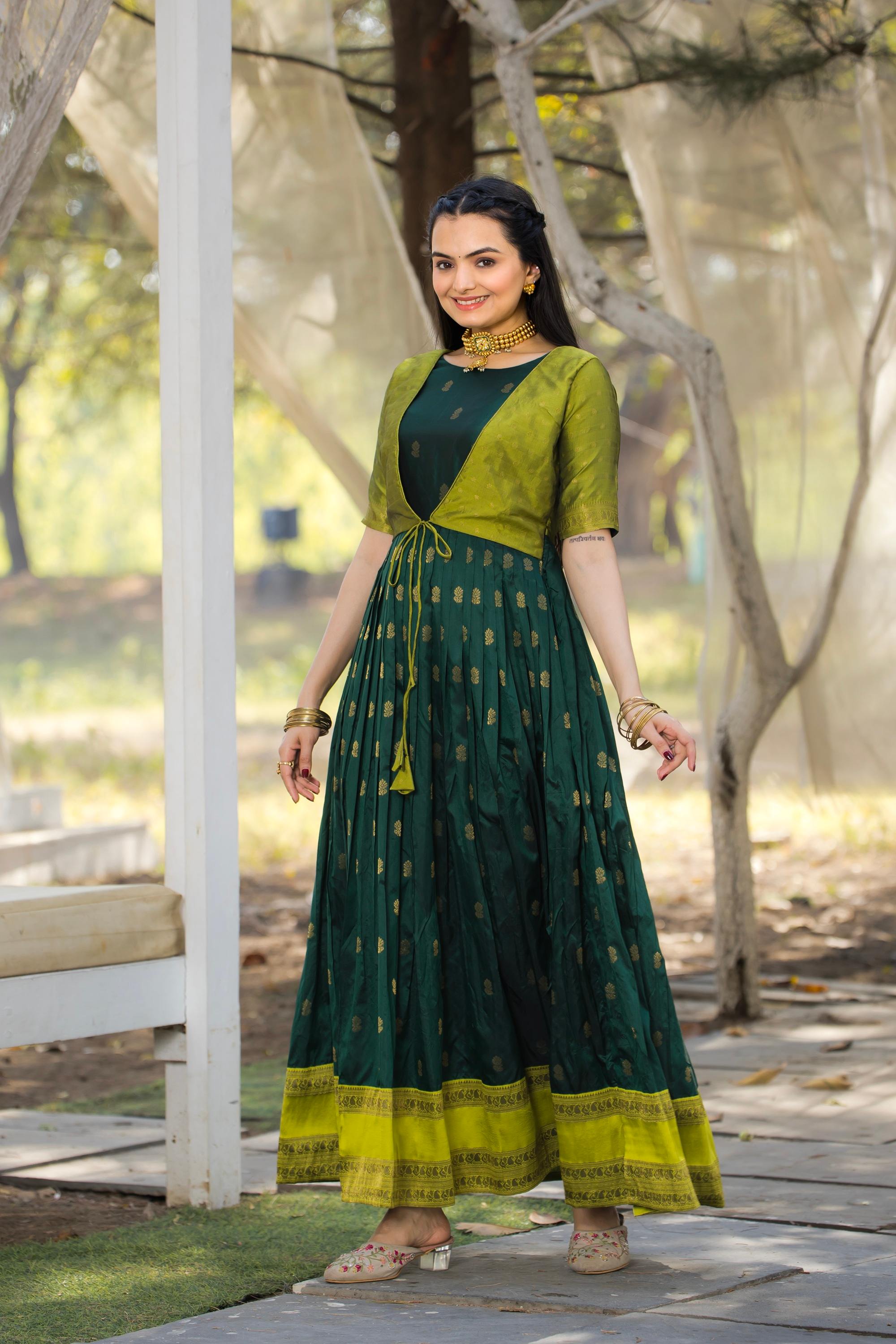 Tasarika Women DarkGreen 3/4 Sleeve Silk Ankle Ethnic Dress 2084_DarkGreen_3XL