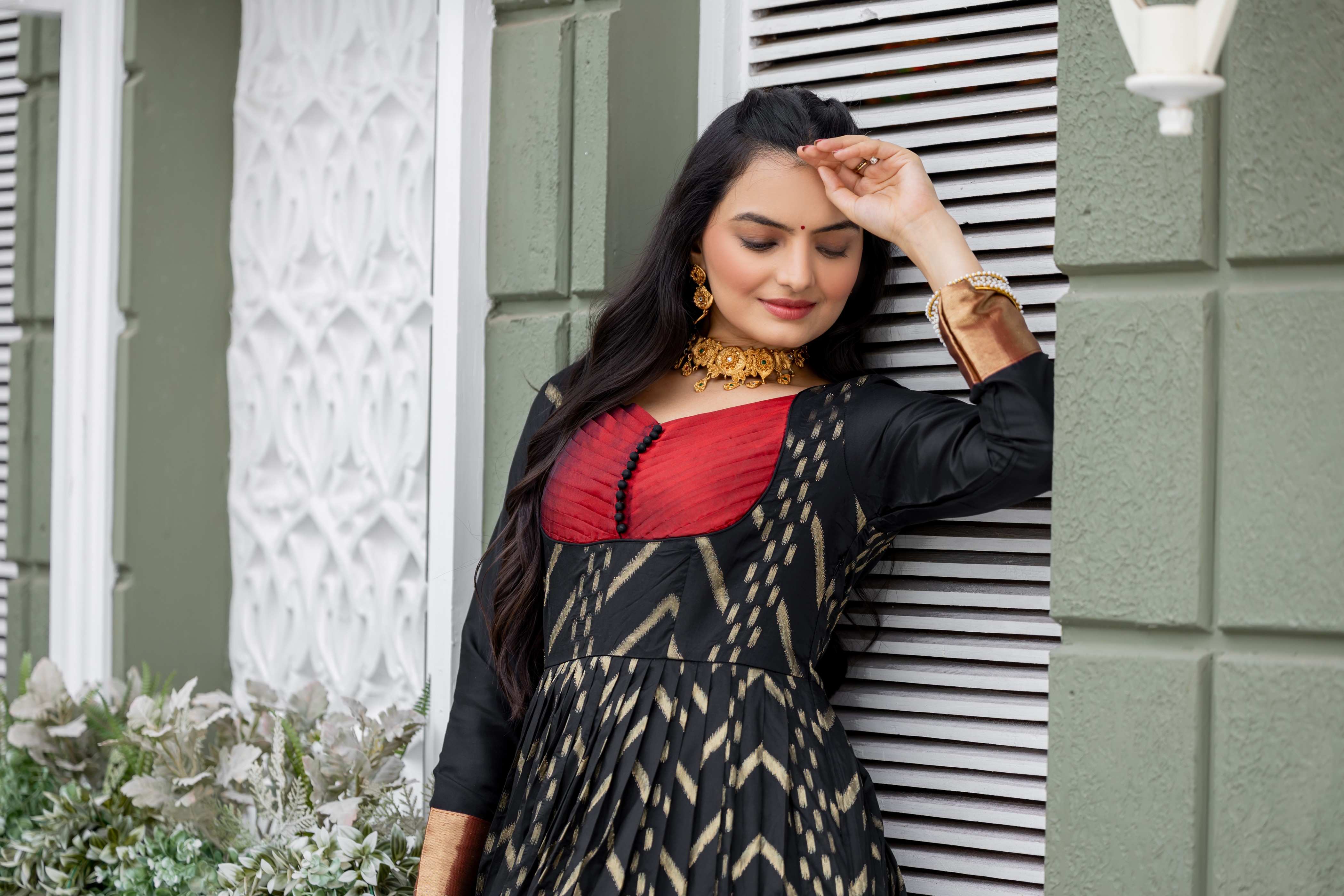 Black Printed Anarkali with Red Yoke