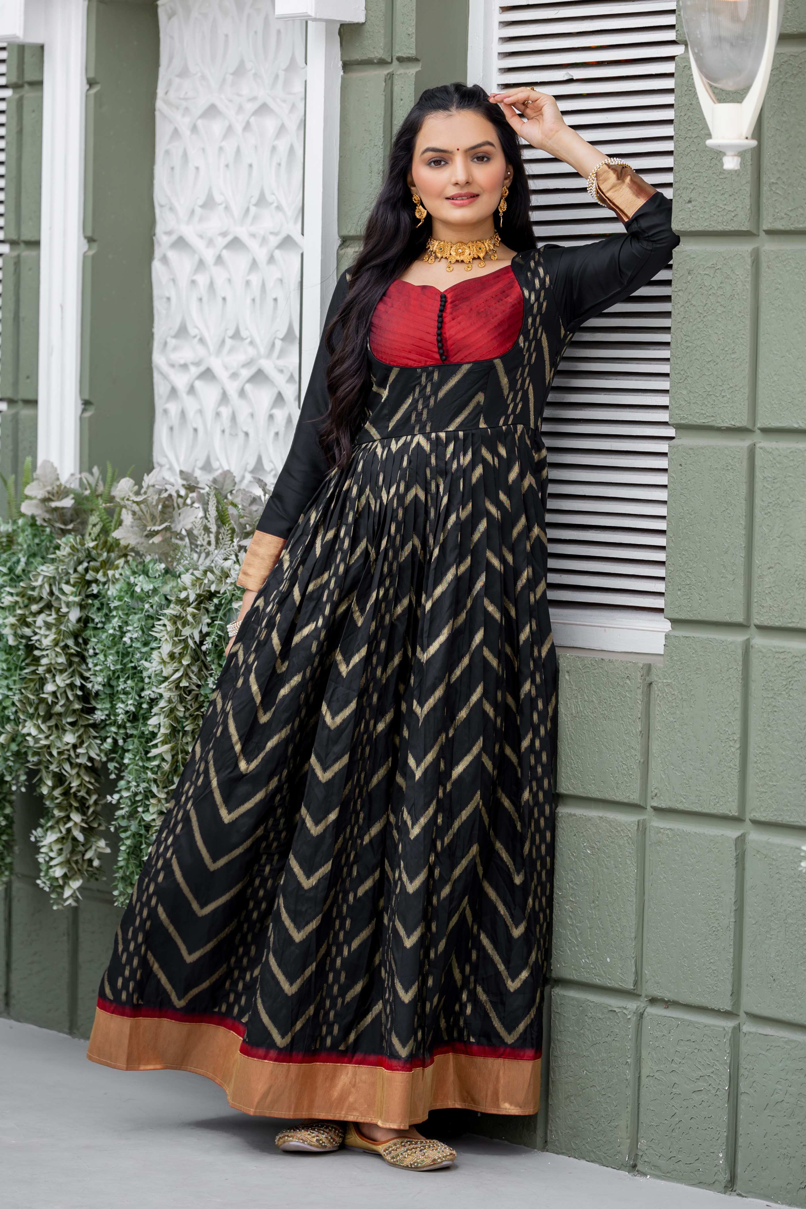 Black Printed Anarkali with Red Yoke