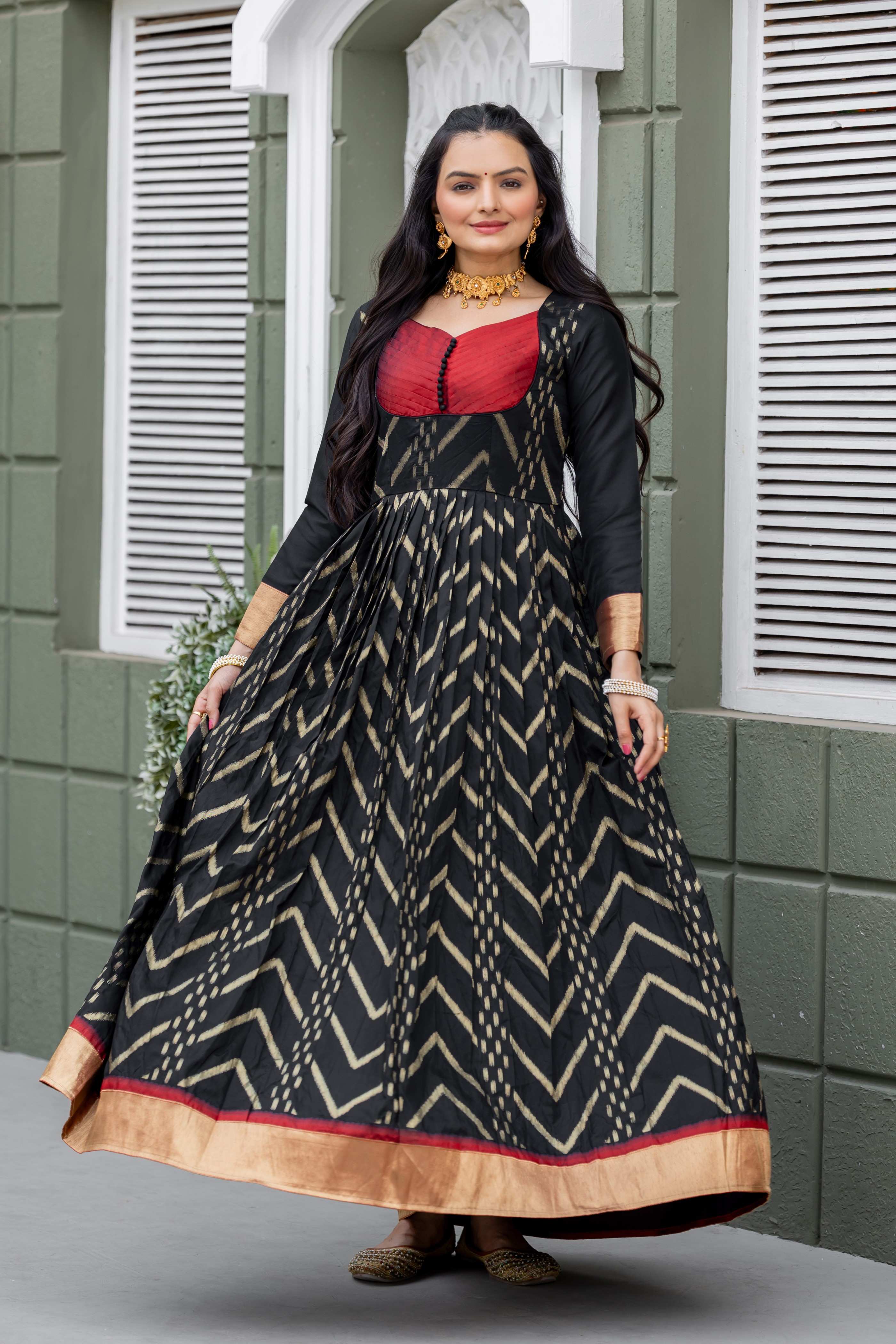 Black Printed Anarkali with Red Yoke