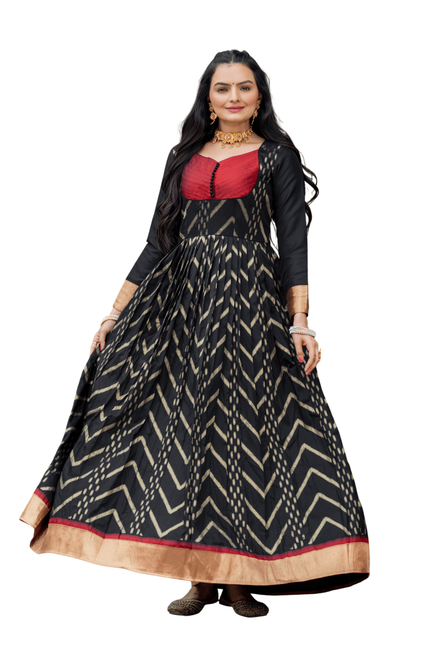 Black Printed Anarkali with Red Yoke