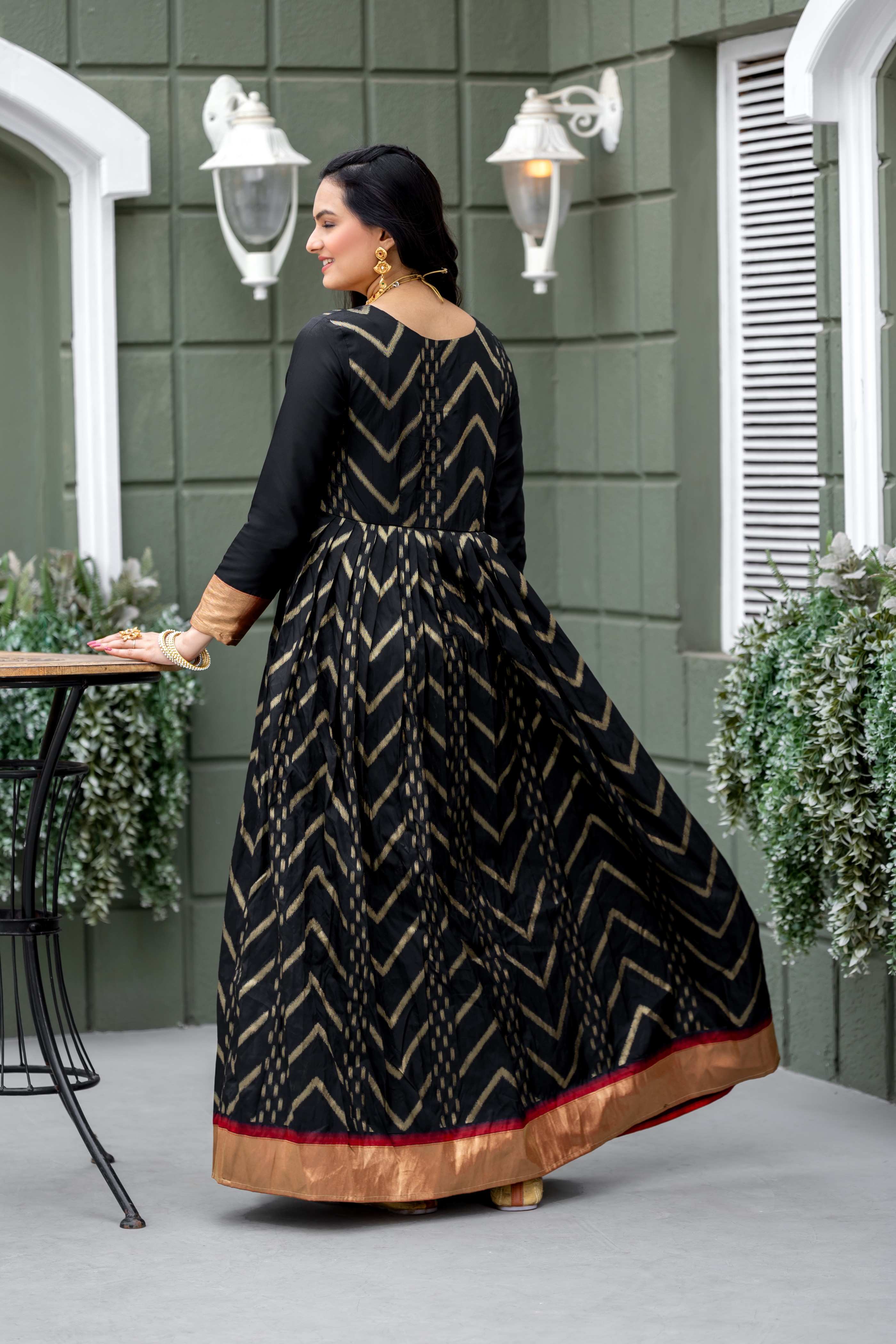 Black Printed Anarkali with Red Yoke