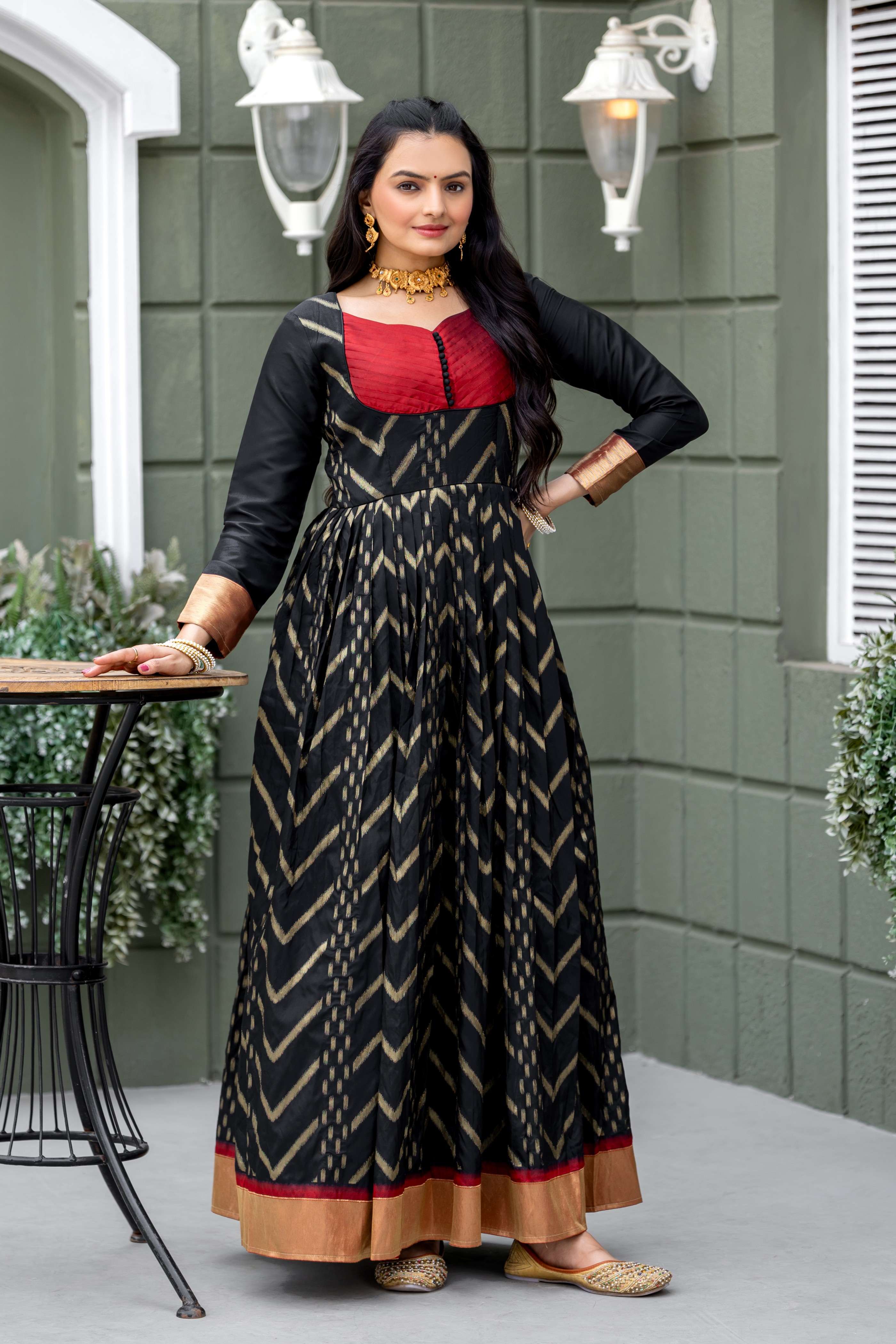 Black Printed Anarkali with Red Yoke