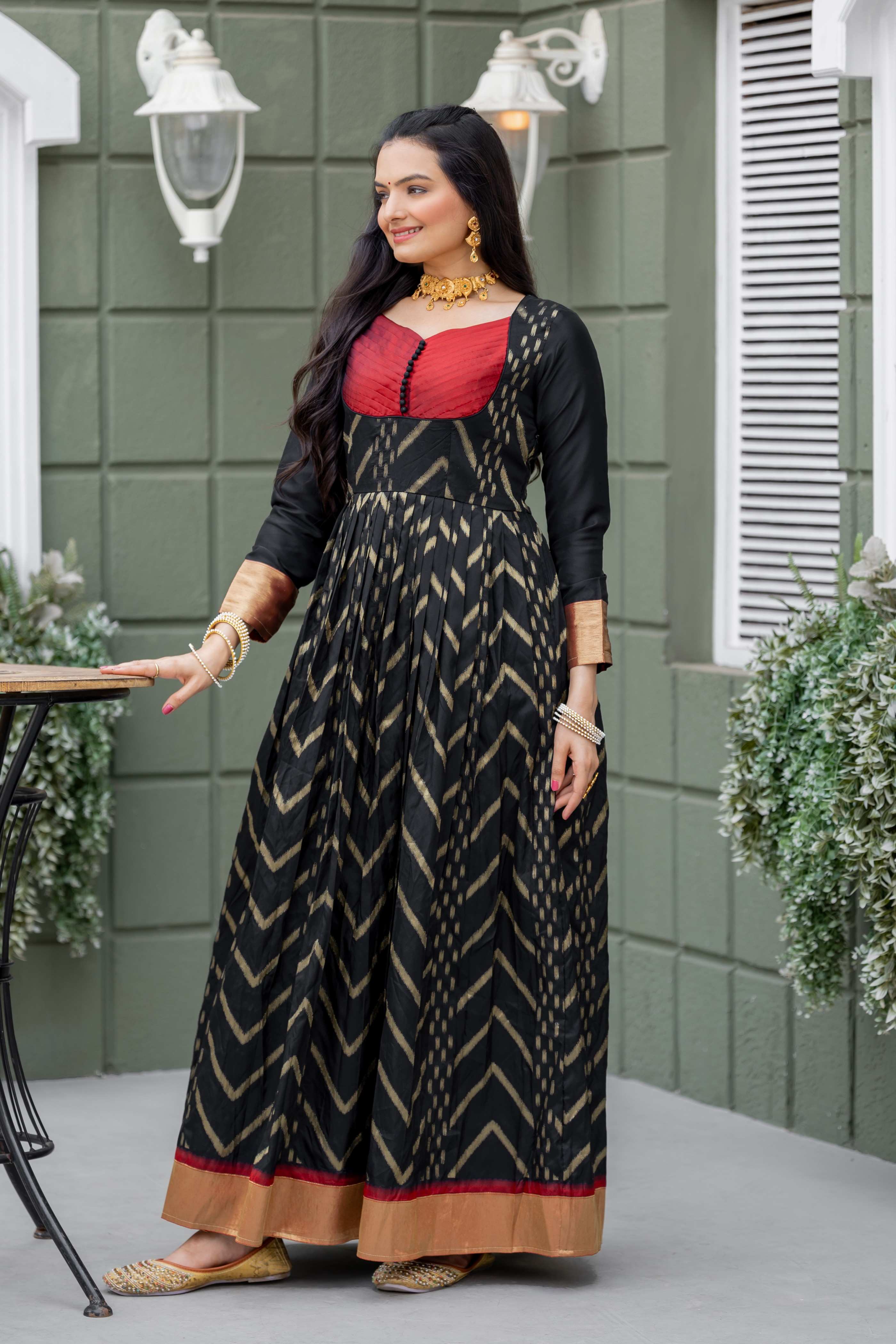 Black Printed Anarkali with Red Yoke