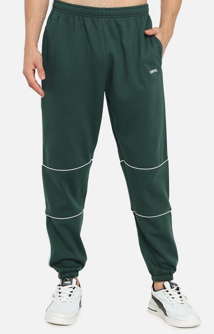 GRIFFEL | Men's Green Cotton Solid Casual Joggers