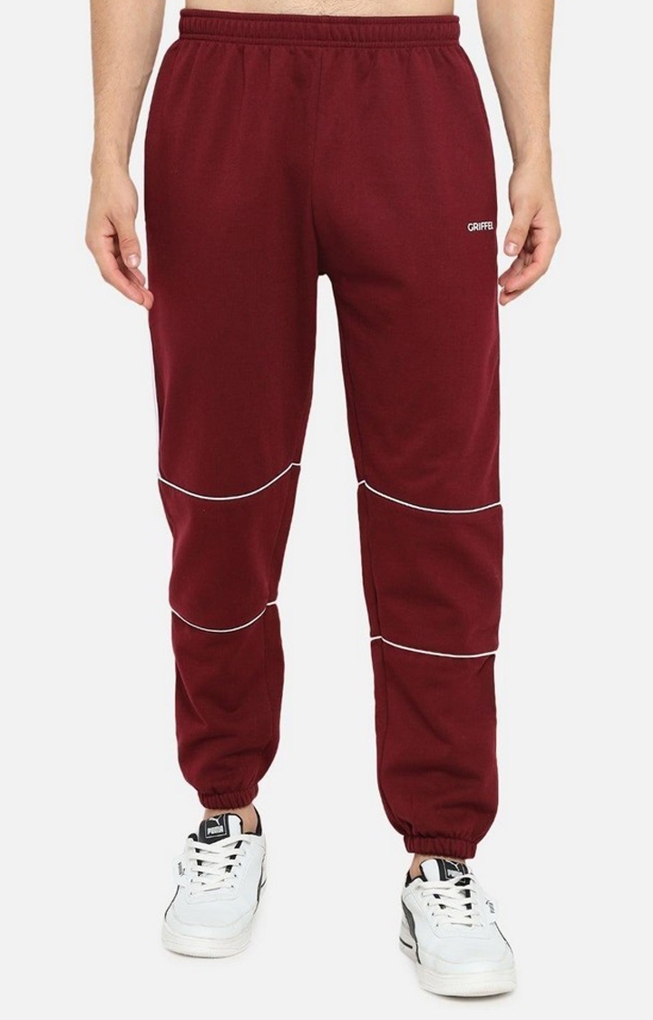 GRIFFEL | Men's Red Cotton Solid Casual Joggers