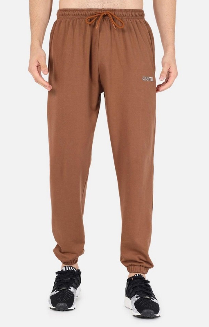GRIFFEL | Men's Brown Cotton Solid Casual Joggers