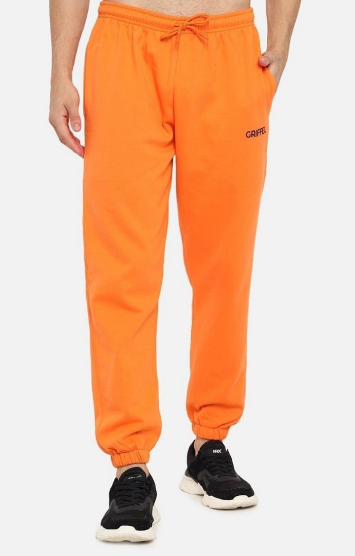 GRIFFEL | Men's Orange Cotton Solid Casual Joggers