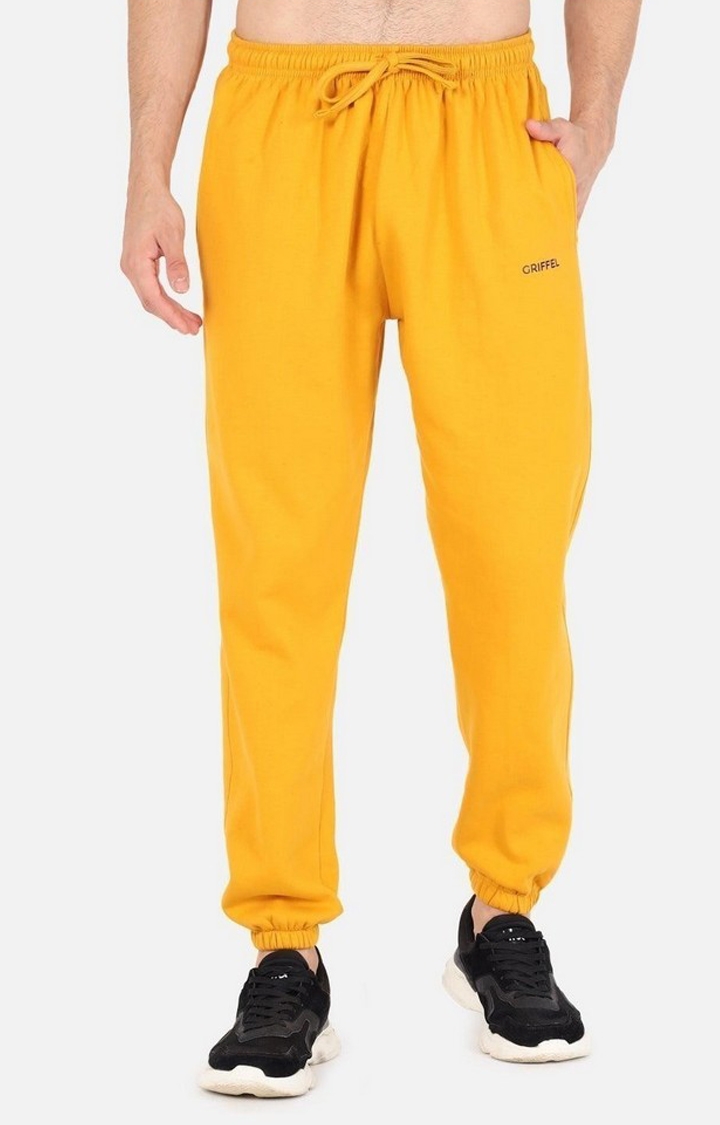 GRIFFEL | Men's Yellow Cotton Solid Casual Joggers