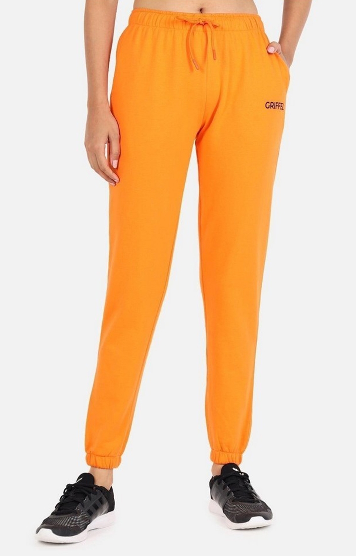 Women's Orange Cotton Solid Casual Joggers