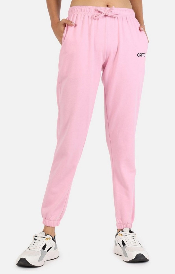 GRIFFEL | Women's Pink Cotton Solid Casual Joggers