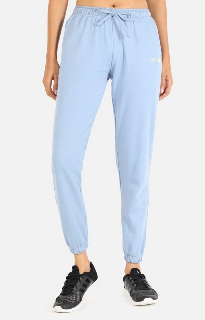 GRIFFEL | Women's Blue Cotton Solid Casual Joggers