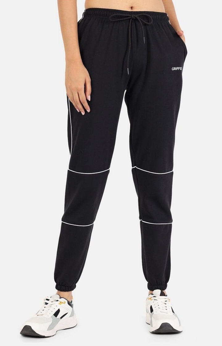 GRIFFEL | Women's Black Cotton Solid Casual Joggers