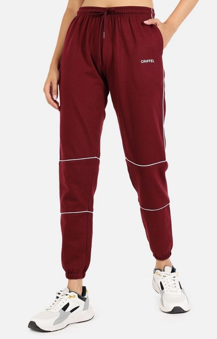 GRIFFEL | Women's Red Cotton Solid Casual Joggers