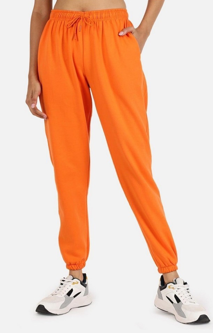 GRIFFEL | Women's Orange Cotton Solid Casual Joggers