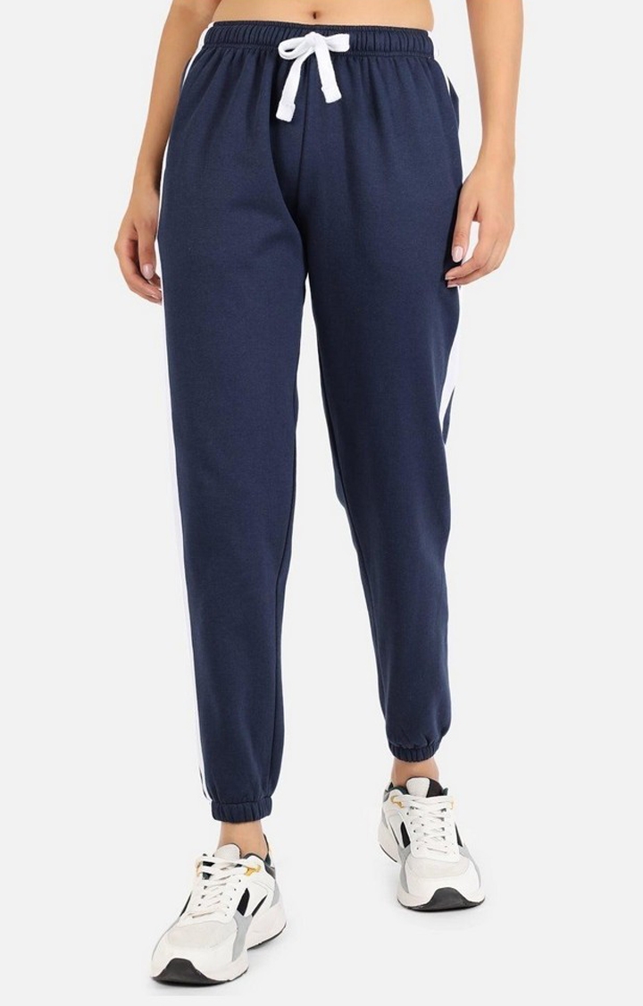 GRIFFEL | Women's Blue Cotton Solid Casual Joggers