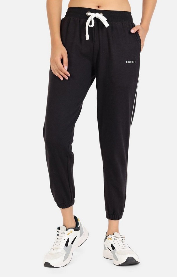 GRIFFEL | Women's Black Cotton Solid Casual Joggers