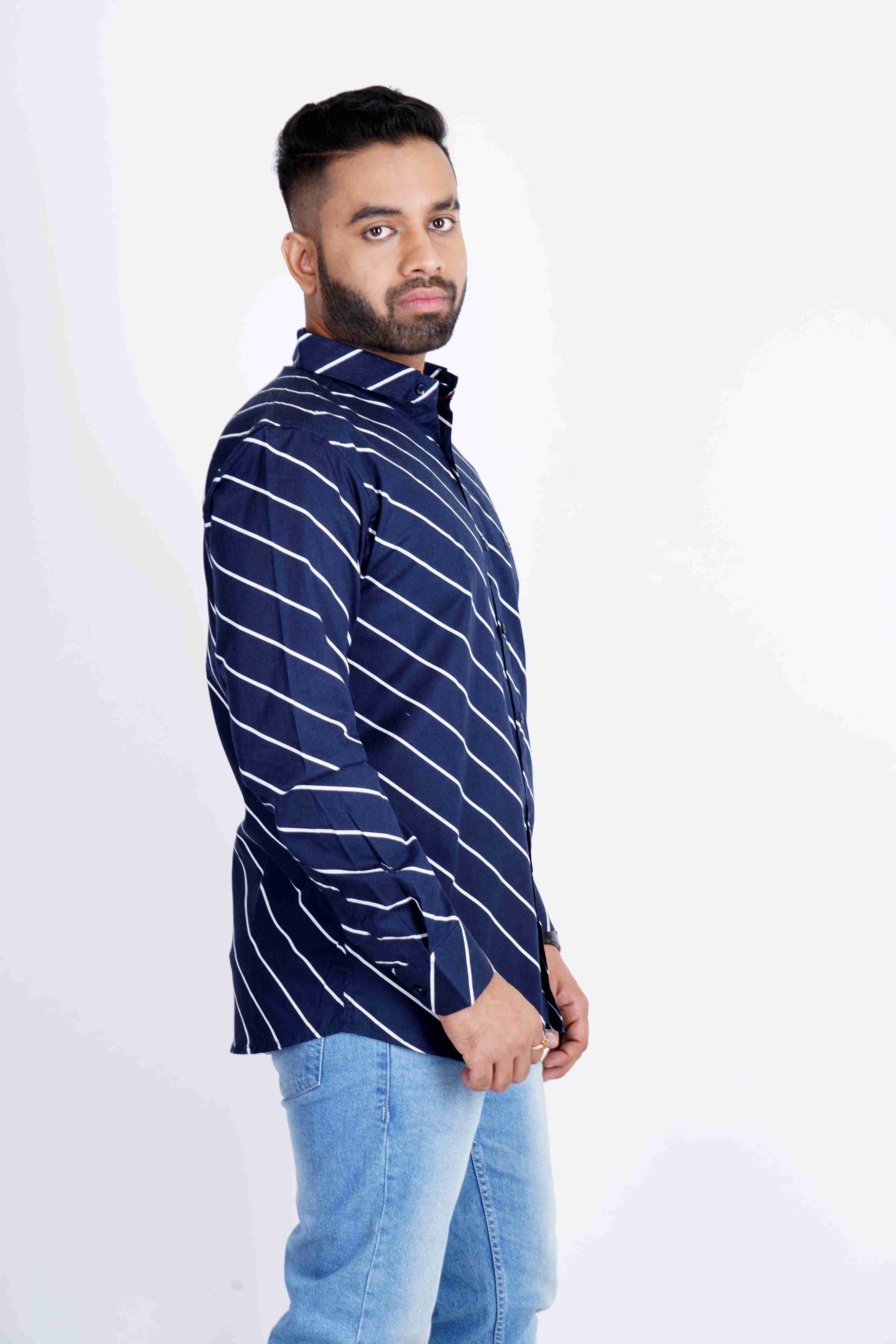 Navy Blue Cross Thin Strips Pure Cotton Softy Shirt